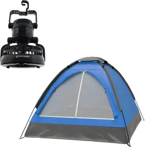2 Person Tent – Camping Gear Set with Outdoor Dome Tent and Hanging LED Lantern Fan for Backpacking, Hiking, or Backyard by Wakeman Outdoors (Blue)