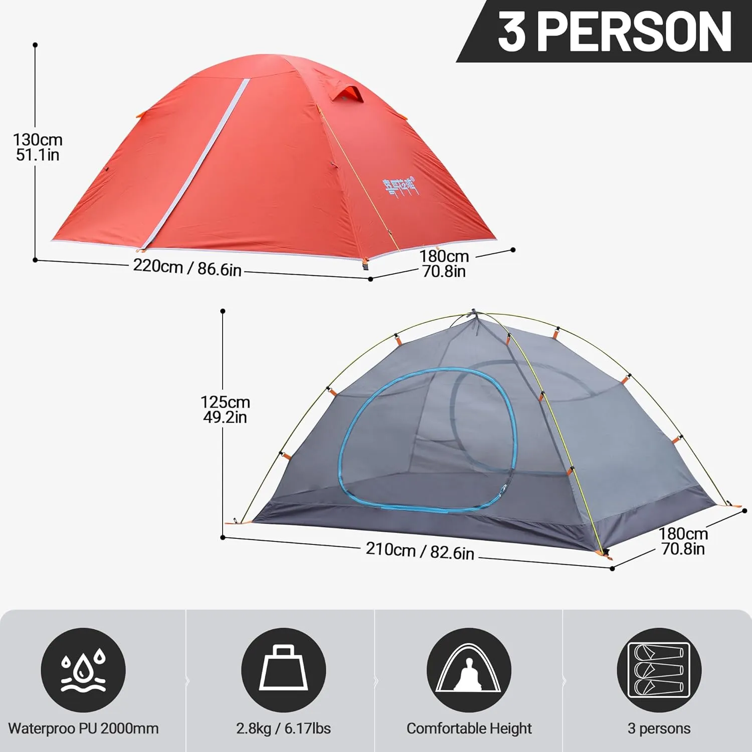 2/3 Person Camping Tent Backpacking Lightweight Tent Waterproof Windproof Aluminum Pole Two Doors Double Layer Easy Setup Portable for Outdoor Camping Hiking Beach Travel