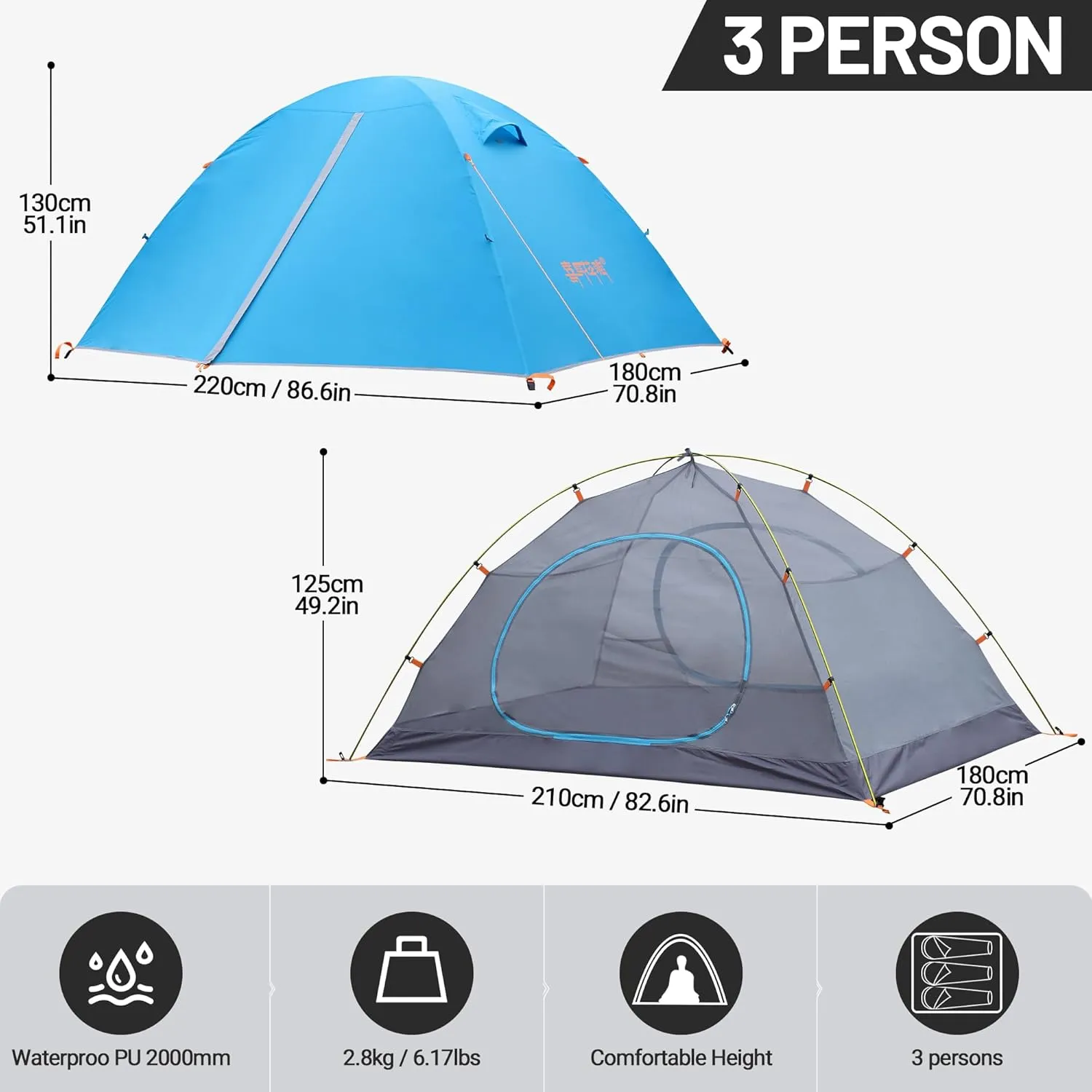 2/3 Person Camping Tent Backpacking Lightweight Tent Waterproof Windproof Aluminum Pole Two Doors Double Layer Easy Setup Portable for Outdoor Camping Hiking Beach Travel