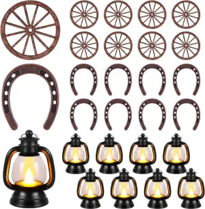 24 Pcs Western Themed Party Decorations Cowboy Table Centerpieces Lucky Horseshoe Mini Lantern Wooden Wagon Wheel Decor for Crafts Western Cowboy Party Birthday Wedding Favors Supplies