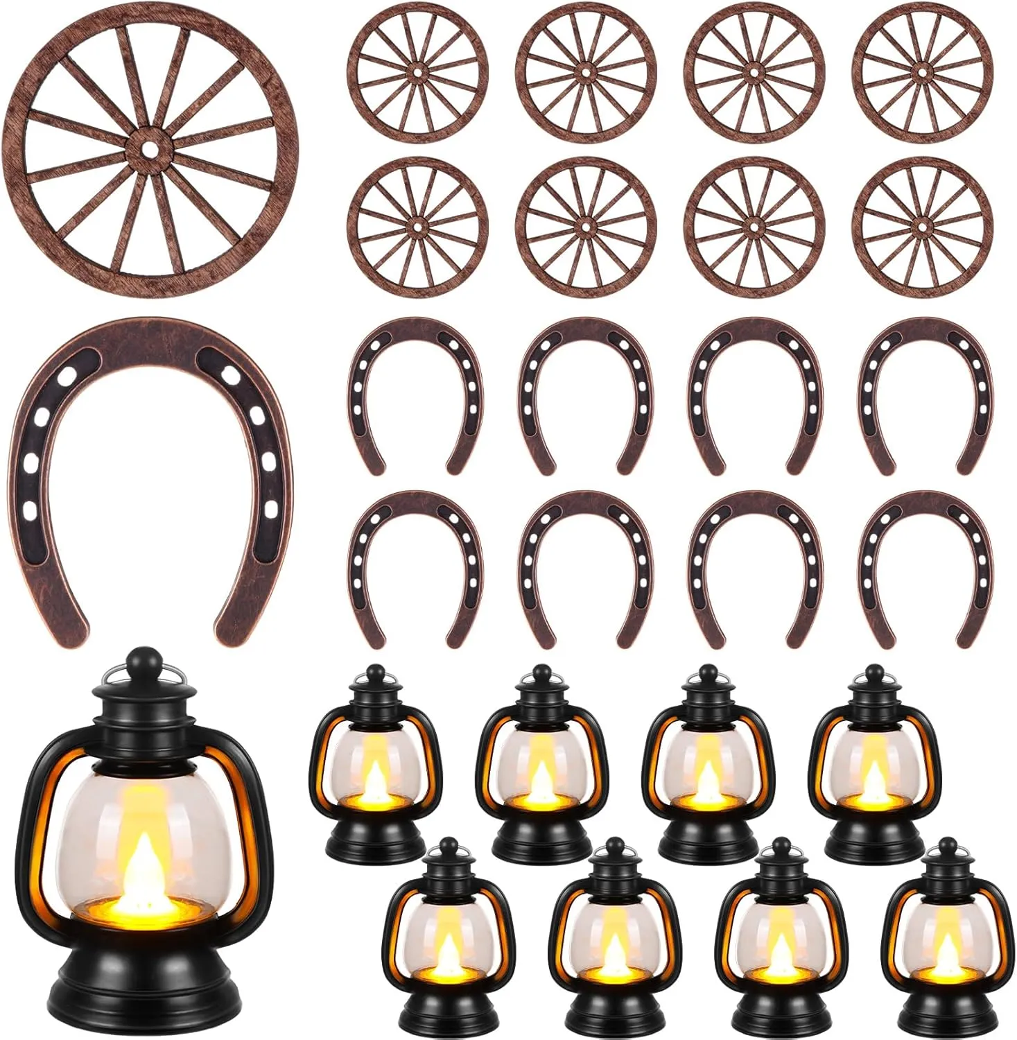 24 Pcs Western Themed Party Decorations Cowboy Table Centerpieces Lucky Horseshoe Mini Lantern Wooden Wagon Wheel Decor for Crafts Western Cowboy Party Birthday Wedding Favors Supplies