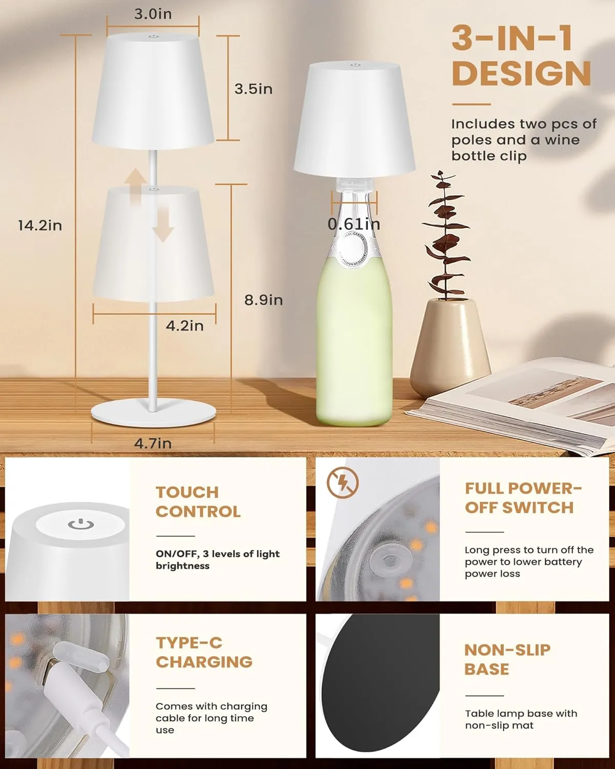 2Pack Cordless Table Lamp,Wireless Bottle Lamp,3 Level Dimming LED Portable Desk lamp,5000mAh Rechargeable Battery,One-Touch Power Off,Waterproof Outdoor,for Bedroom/Bars/Camping(White)