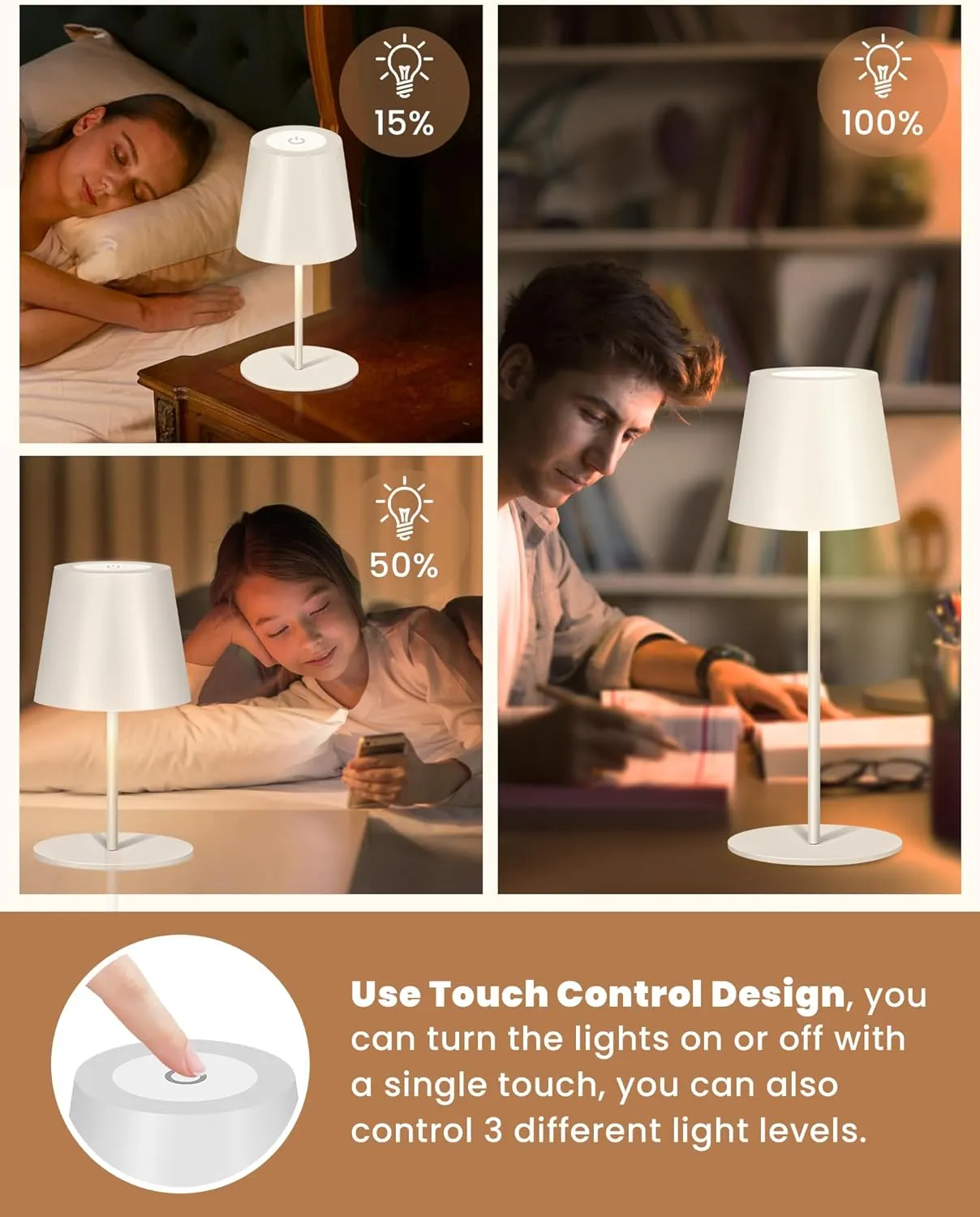 2Pack Cordless Table Lamp,Wireless Bottle Lamp,3 Level Dimming LED Portable Desk lamp,5000mAh Rechargeable Battery,One-Touch Power Off,Waterproof Outdoor,for Bedroom/Bars/Camping(White)