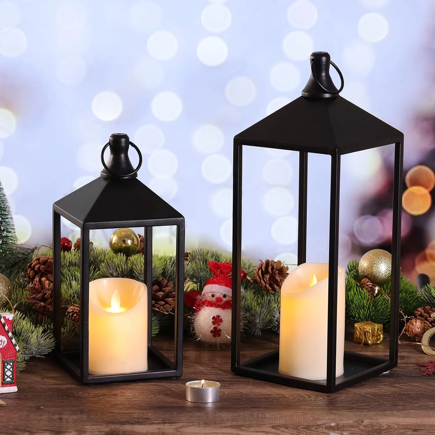 2pcs Farmhouse Lantern Decor with LED Flickering Flameless Candles - Black Metal Lanterns Decorative for Home Decor, Fireplace Mantle or Table Centerpiece, Ramadan Lantern Decor