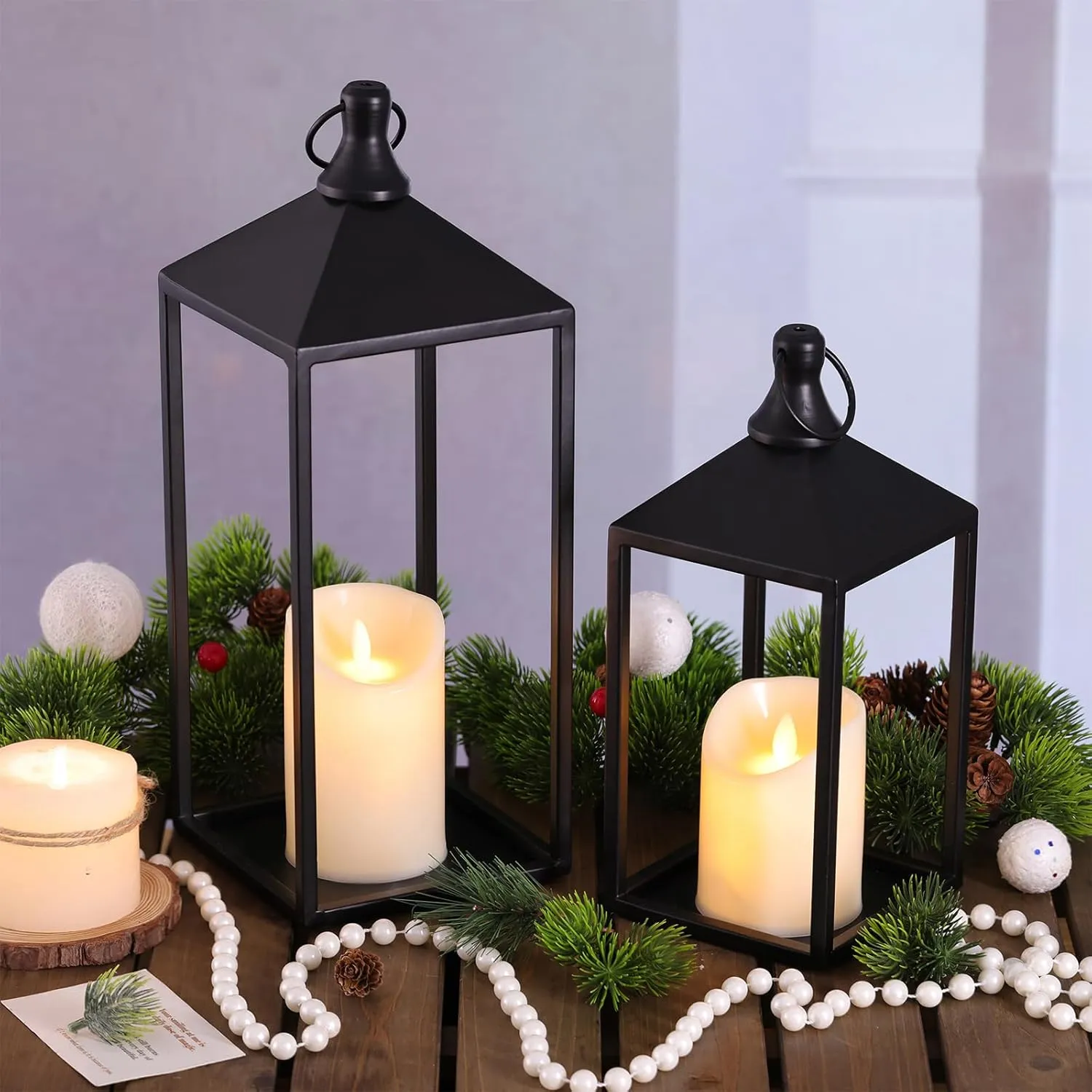 2pcs Farmhouse Lantern Decor with LED Flickering Flameless Candles - Black Metal Lanterns Decorative for Home Decor, Fireplace Mantle or Table Centerpiece, Ramadan Lantern Decor