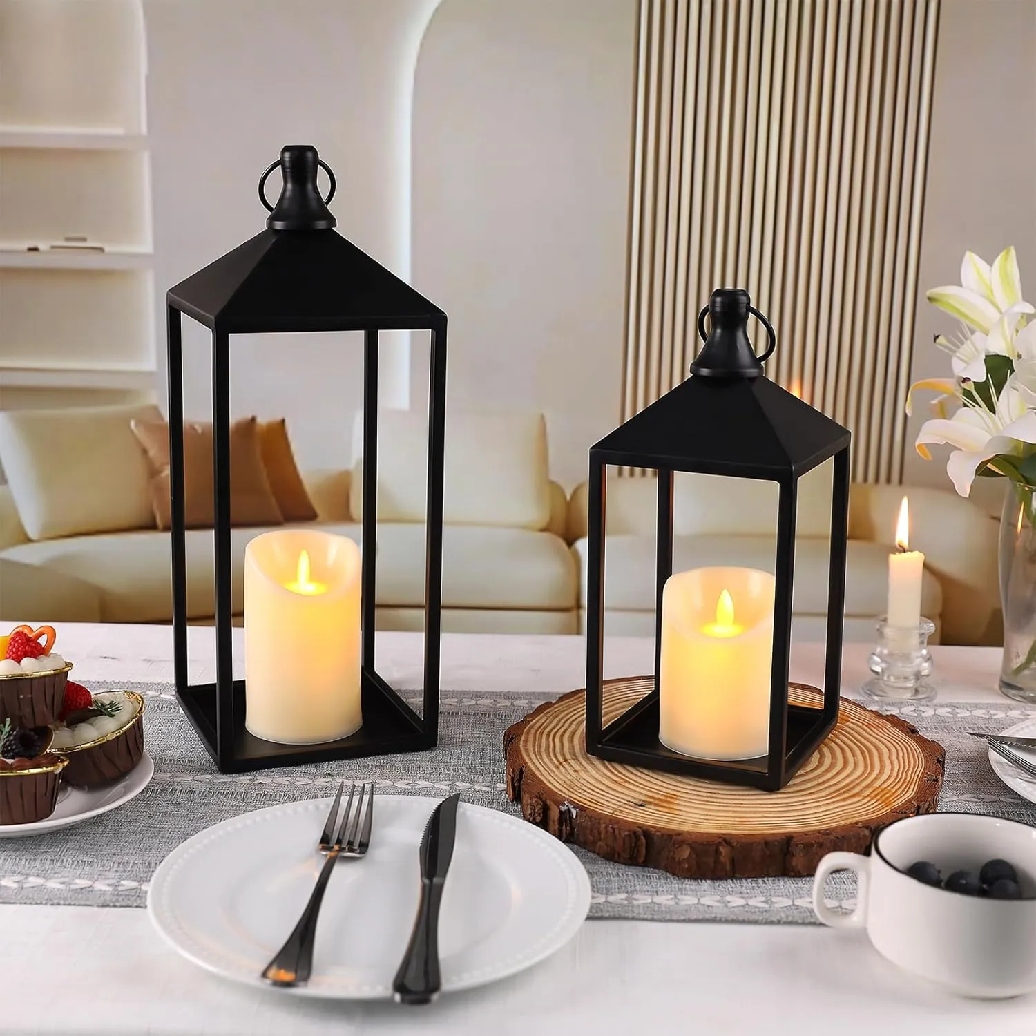 2pcs Farmhouse Lantern Decor with LED Flickering Flameless Candles - Black Metal Lanterns Decorative for Home Decor, Fireplace Mantle or Table Centerpiece, Ramadan Lantern Decor