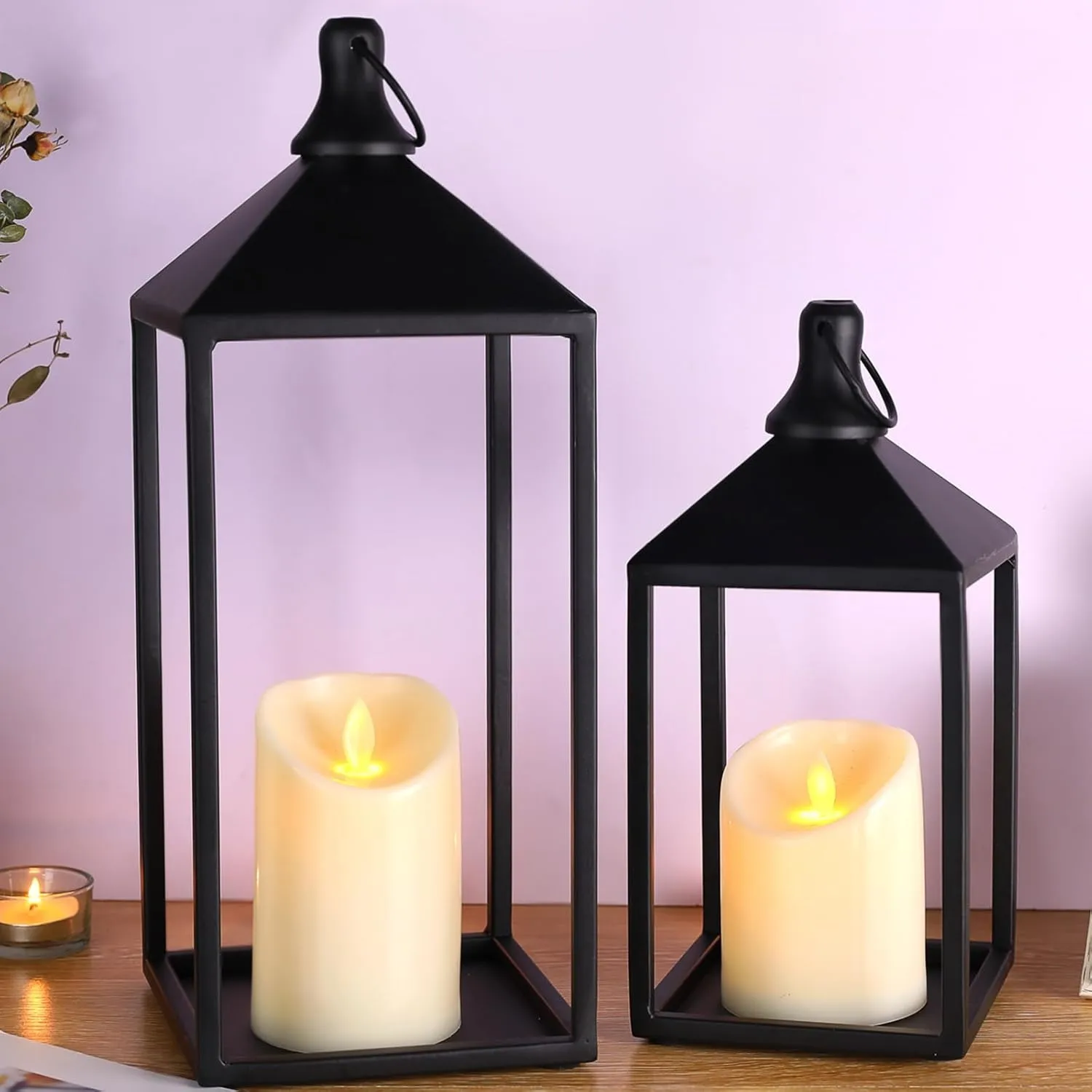 2pcs Farmhouse Lantern Decor with LED Flickering Flameless Candles - Black Metal Lanterns Decorative for Home Decor, Fireplace Mantle or Table Centerpiece, Ramadan Lantern Decor