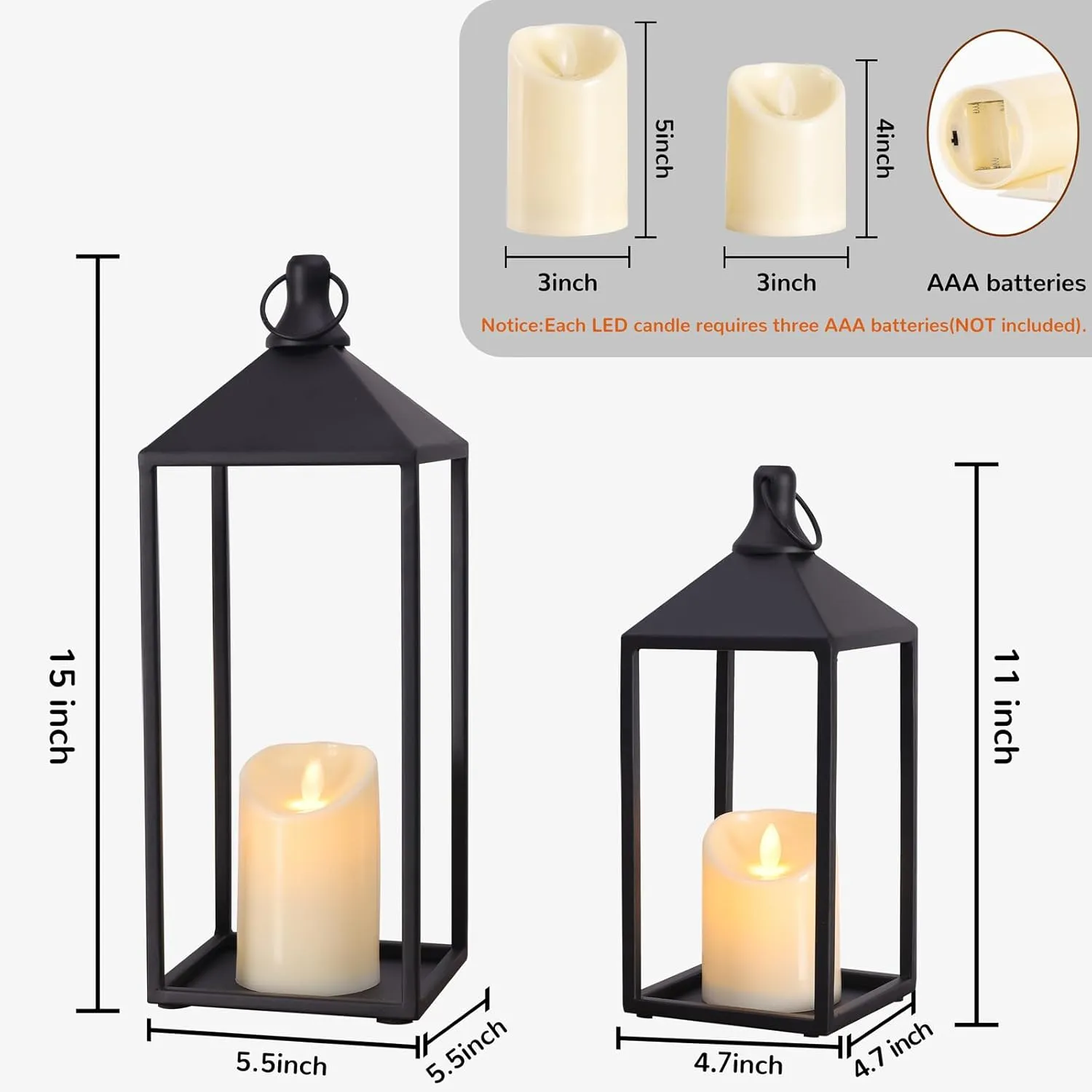 2pcs Farmhouse Lantern Decor with LED Flickering Flameless Candles - Black Metal Lanterns Decorative for Home Decor, Fireplace Mantle or Table Centerpiece, Ramadan Lantern Decor