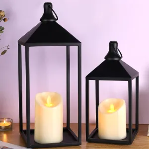 2pcs Farmhouse Lantern Decor with LED Flickering Flameless Candles - Black Metal Lanterns Decorative for Home Decor, Fireplace Mantle or Table Centerpiece, Ramadan Lantern Decor