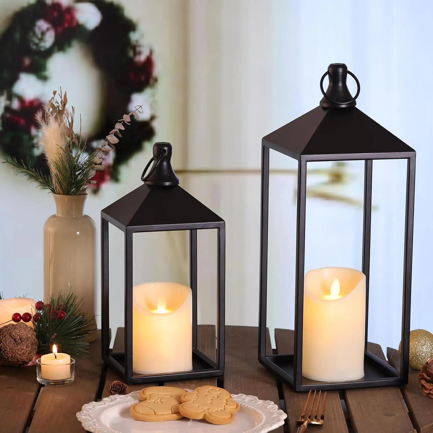 2pcs Farmhouse Lantern Decor with LED Flickering Flameless Candles - Black Metal Lanterns Decorative for Home Decor, Fireplace Mantle or Table Centerpiece, Ramadan Lantern Decor