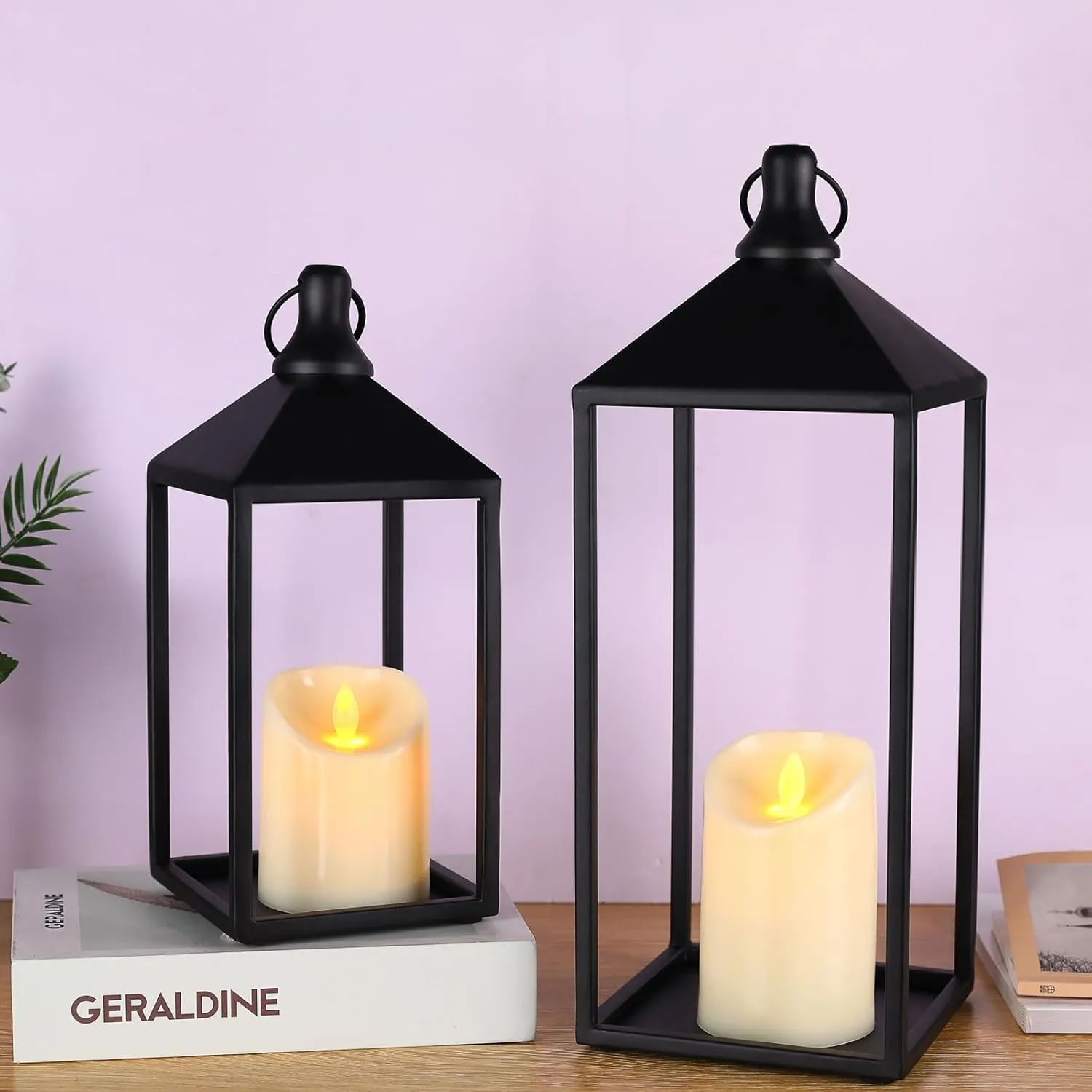 2pcs Farmhouse Lantern Decor with LED Flickering Flameless Candles - Black Metal Lanterns Decorative for Home Decor, Fireplace Mantle or Table Centerpiece, Ramadan Lantern Decor