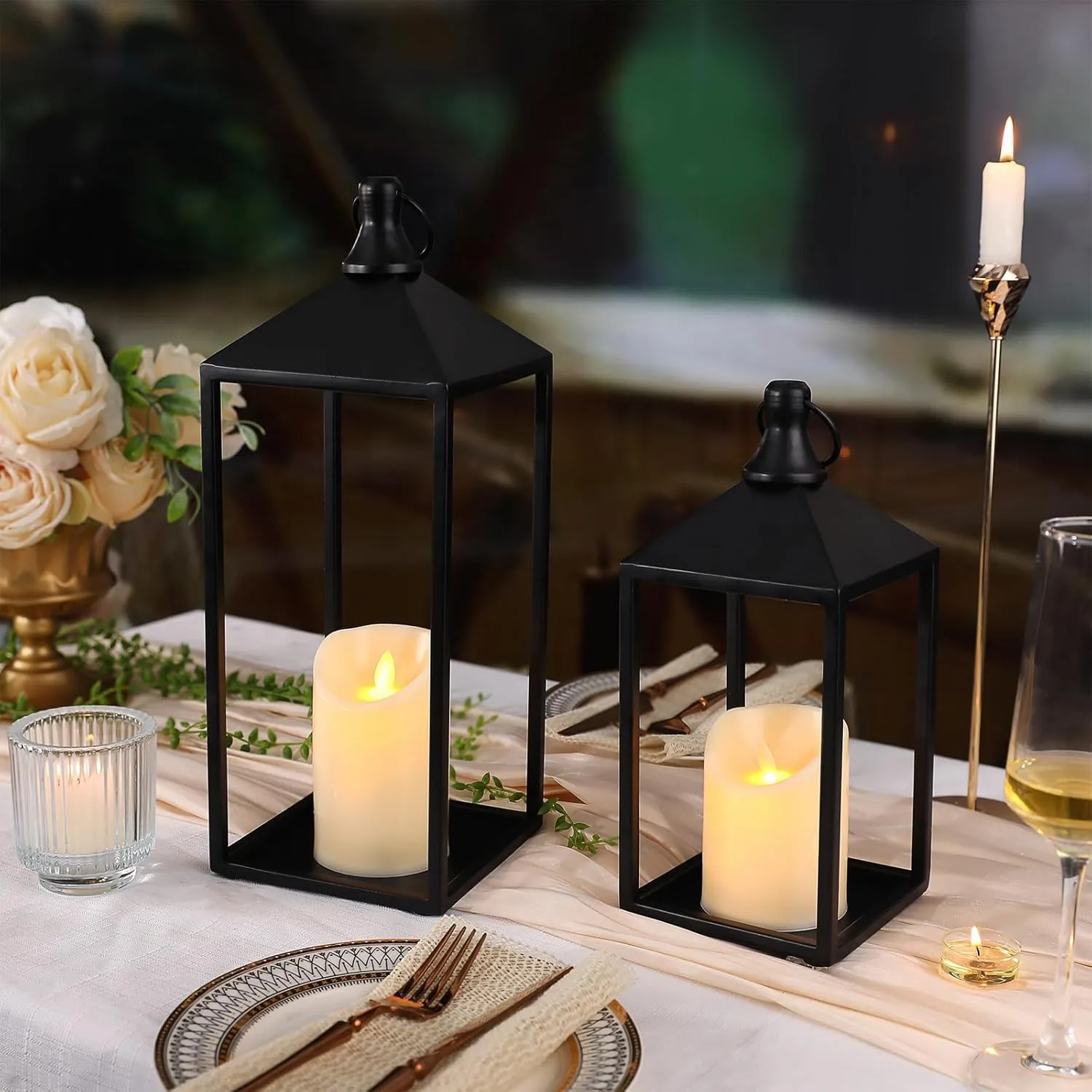 2pcs Farmhouse Lantern Decor with LED Flickering Flameless Candles - Black Metal Lanterns Decorative for Home Decor, Fireplace Mantle or Table Centerpiece, Ramadan Lantern Decor