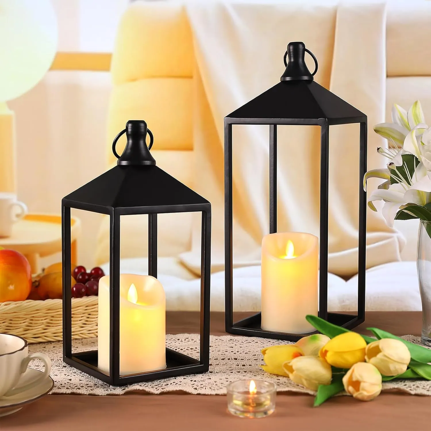 2pcs Farmhouse Lantern Decor with LED Flickering Flameless Candles - Black Metal Lanterns Decorative for Home Decor, Fireplace Mantle or Table Centerpiece, Ramadan Lantern Decor