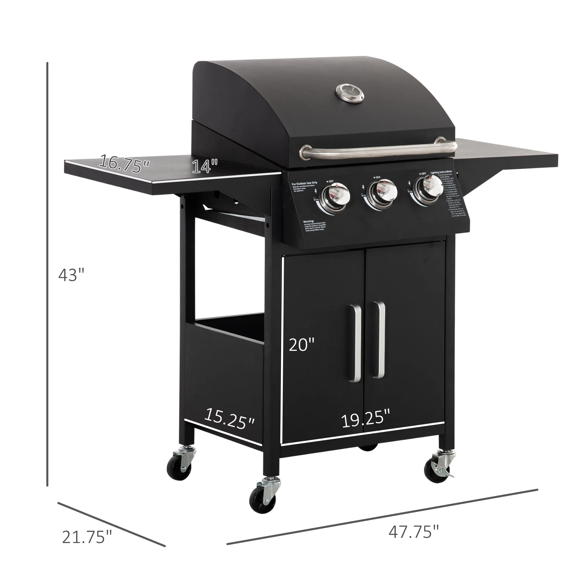 3-Burner Portable Gas Grill with Wheels, Warming Rack, Shelves, Cabinet & Thermometer, Black