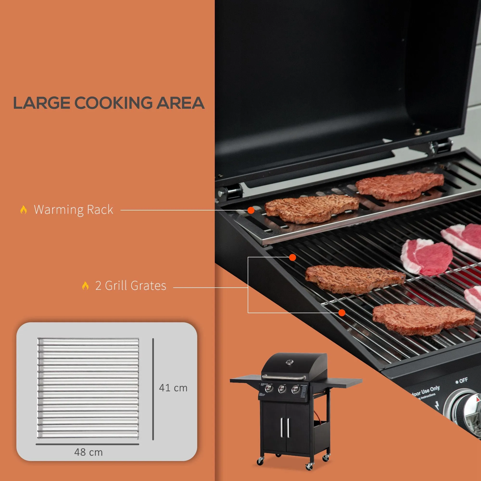 3-Burner Portable Gas Grill with Wheels, Warming Rack, Shelves, Cabinet & Thermometer, Black
