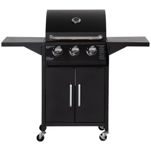 3-Burner Portable Gas Grill with Wheels, Warming Rack, Shelves, Cabinet & Thermometer, Black