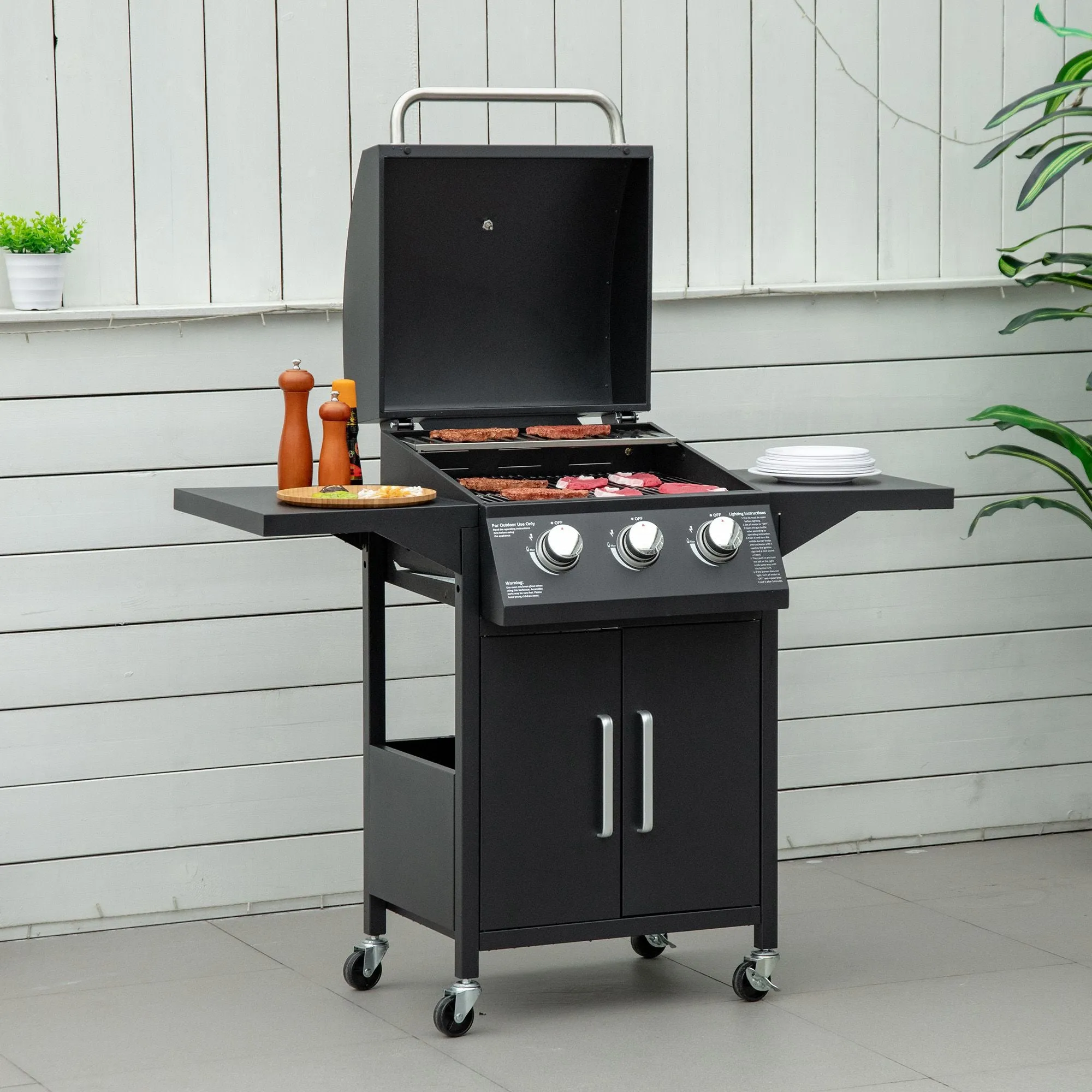 3-Burner Portable Gas Grill with Wheels, Warming Rack, Shelves, Cabinet & Thermometer, Black