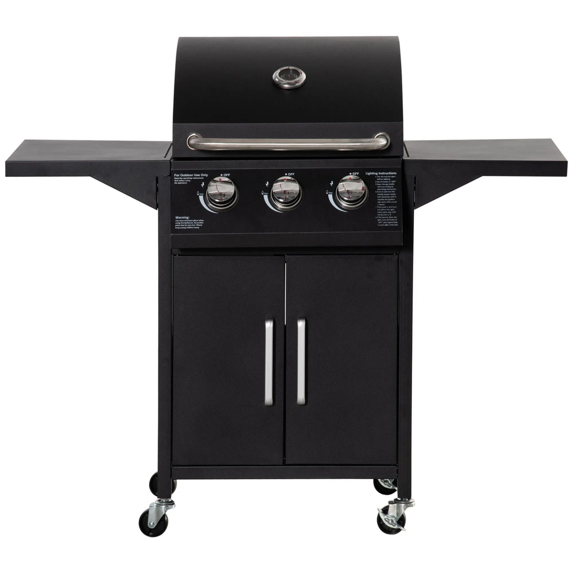 3-Burner Portable Gas Grill with Wheels, Warming Rack, Shelves, Cabinet & Thermometer, Black