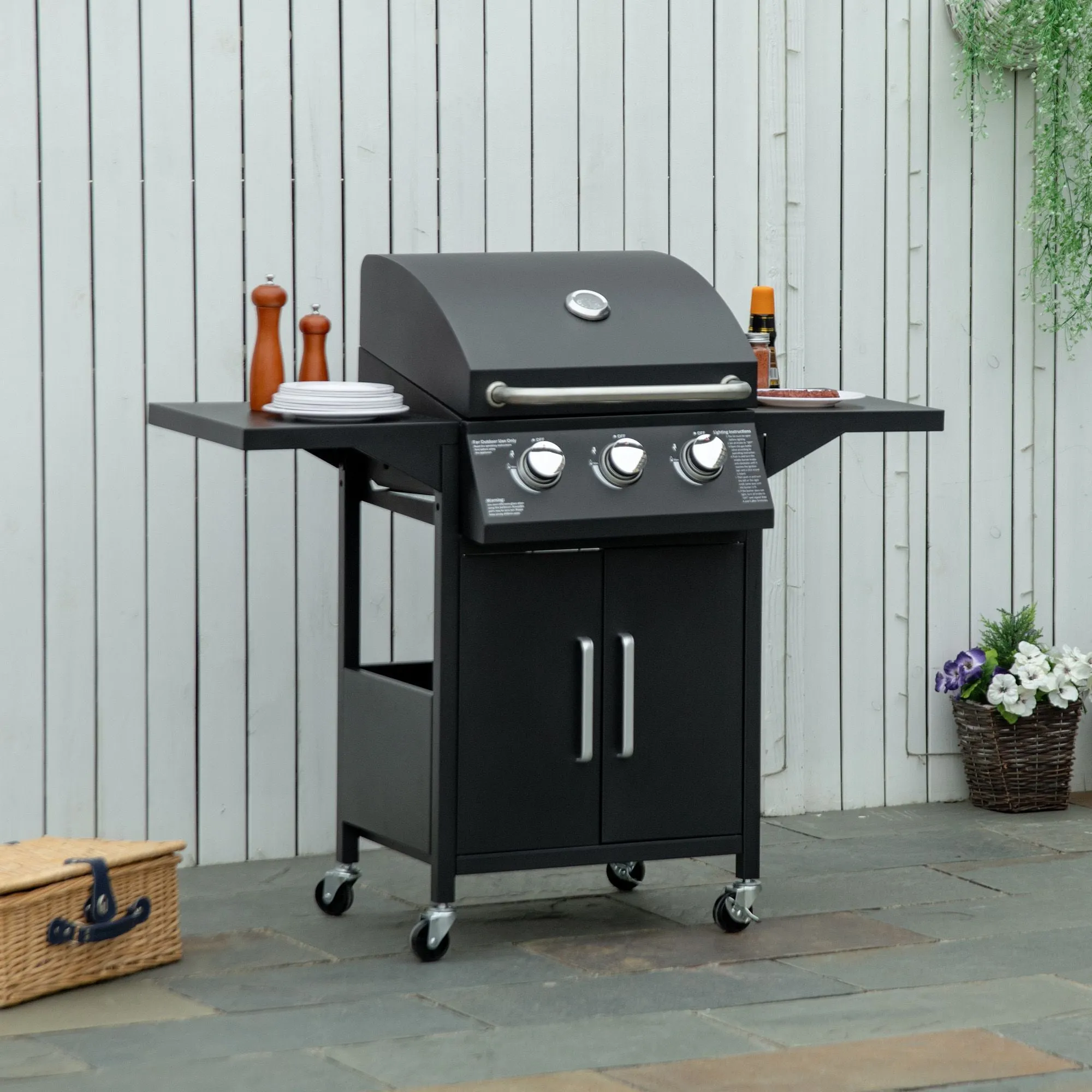 3-Burner Portable Gas Grill with Wheels, Warming Rack, Shelves, Cabinet & Thermometer, Black