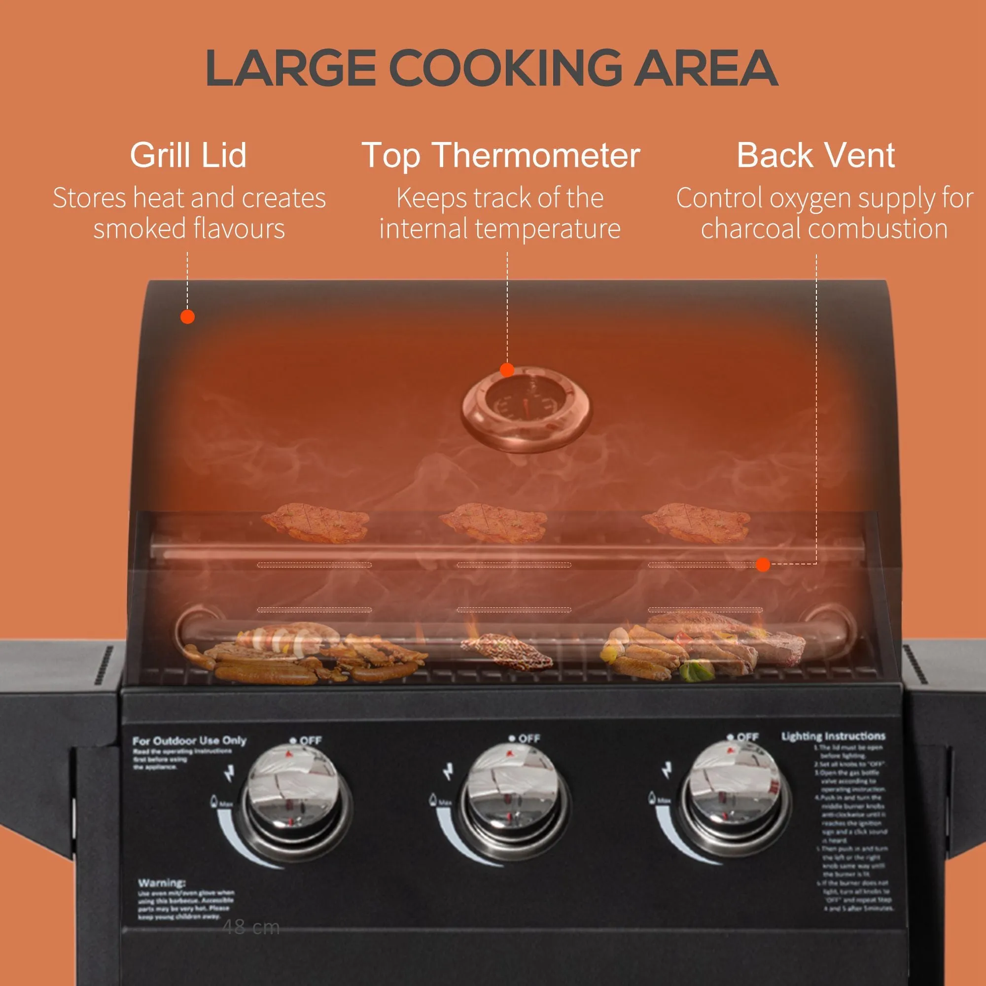 3-Burner Portable Gas Grill with Wheels, Warming Rack, Shelves, Cabinet & Thermometer, Black