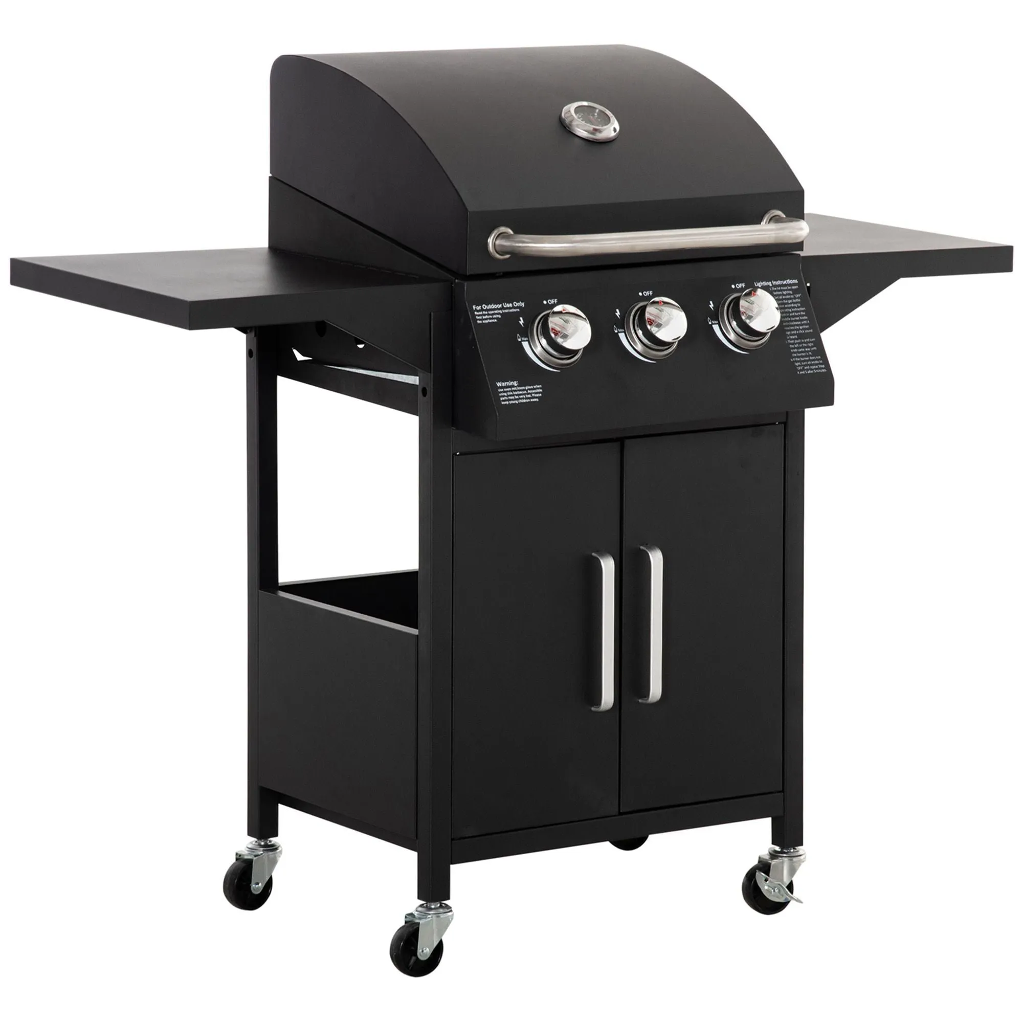 3-Burner Portable Gas Grill with Wheels, Warming Rack, Shelves, Cabinet & Thermometer, Black