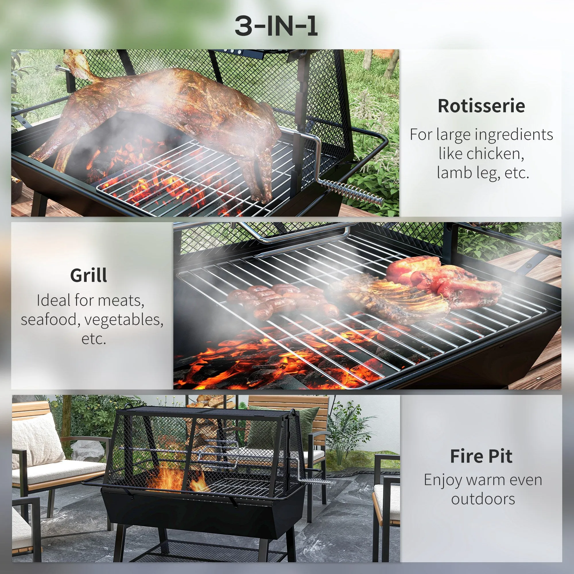 3-in-1 BBQ Rotisserie Grill Roaster Fire Pit with Storage Shelf, Mesh Lid and Poker, Charcoal Chicken Spit Roast Machine with Waterproof Cover for Outdoor Picnic Camping, Black
