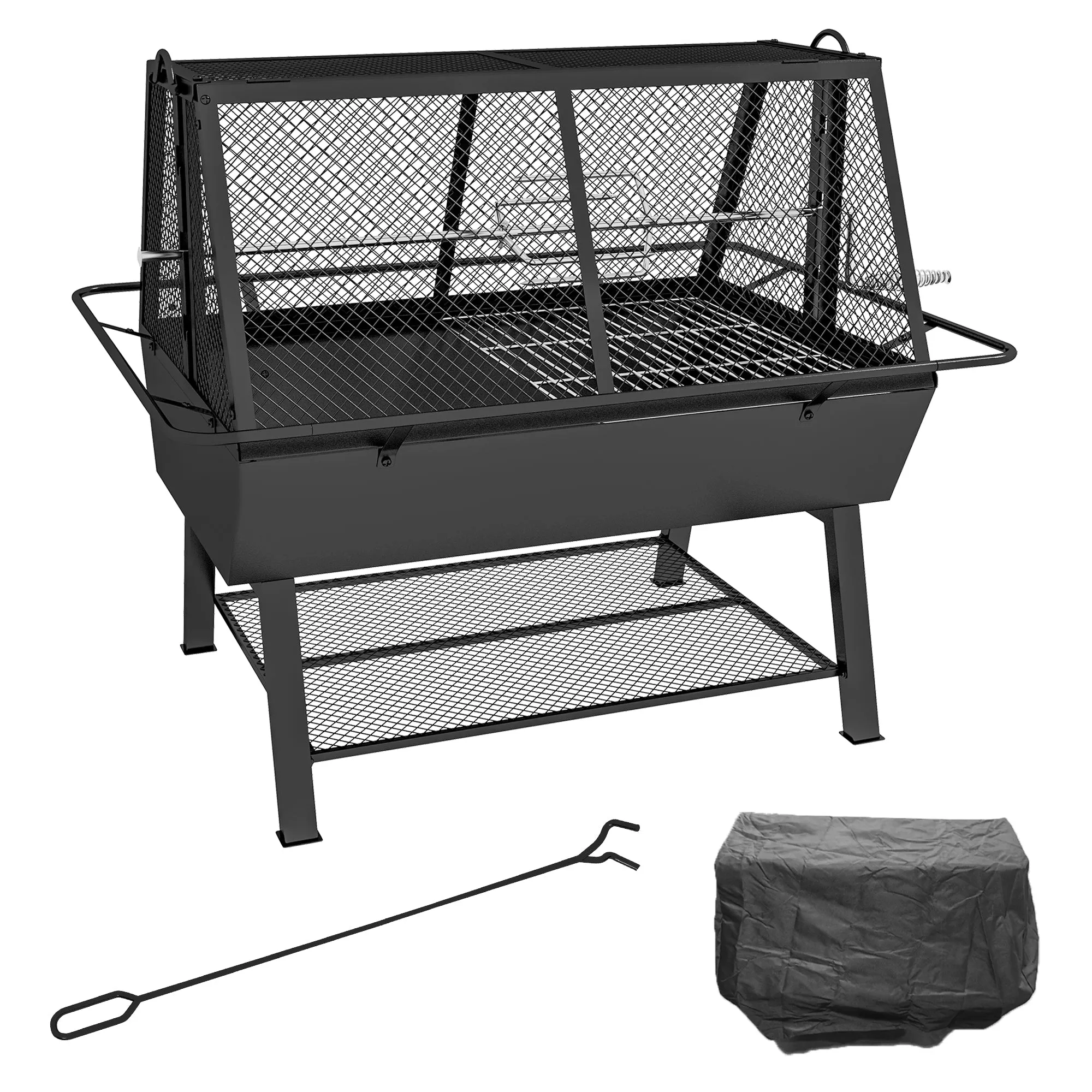 3-in-1 BBQ Rotisserie Grill Roaster Fire Pit with Storage Shelf, Mesh Lid and Poker, Charcoal Chicken Spit Roast Machine with Waterproof Cover for Outdoor Picnic Camping, Black