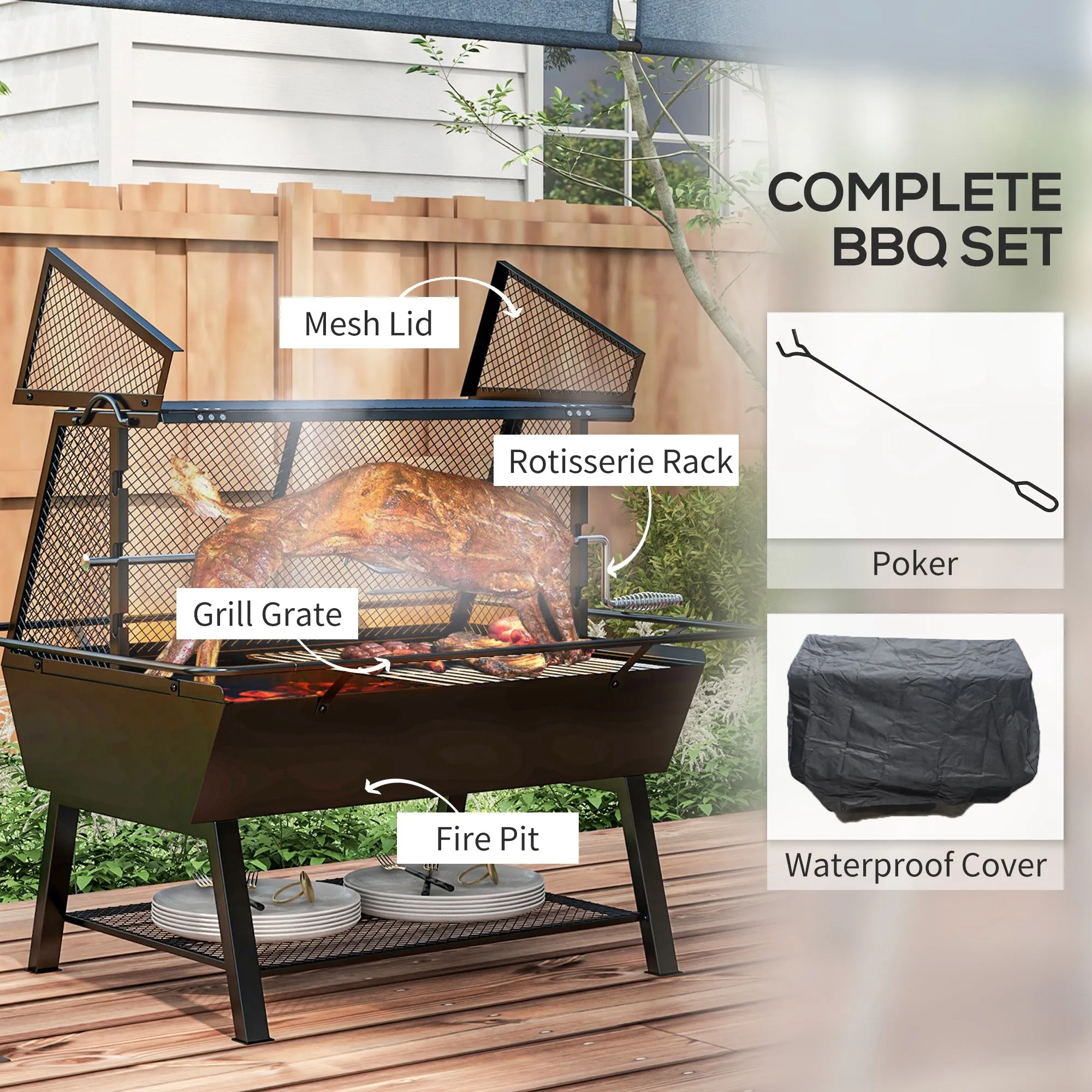 3-in-1 BBQ Rotisserie Grill Roaster Fire Pit with Storage Shelf, Mesh Lid and Poker, Charcoal Chicken Spit Roast Machine with Waterproof Cover for Outdoor Picnic Camping, Black