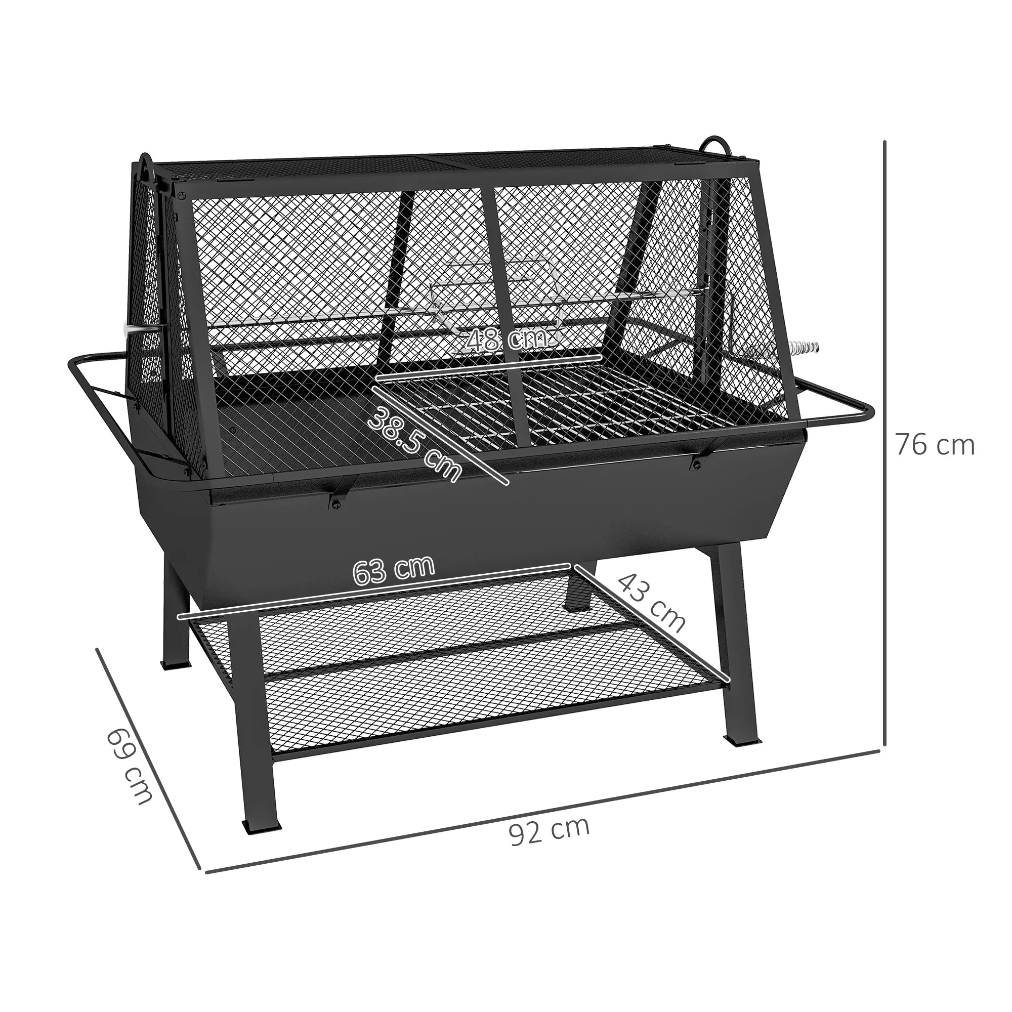 3-in-1 BBQ Rotisserie Grill Roaster Fire Pit with Storage Shelf, Mesh Lid and Poker, Charcoal Chicken Spit Roast Machine with Waterproof Cover for Outdoor Picnic Camping, Black