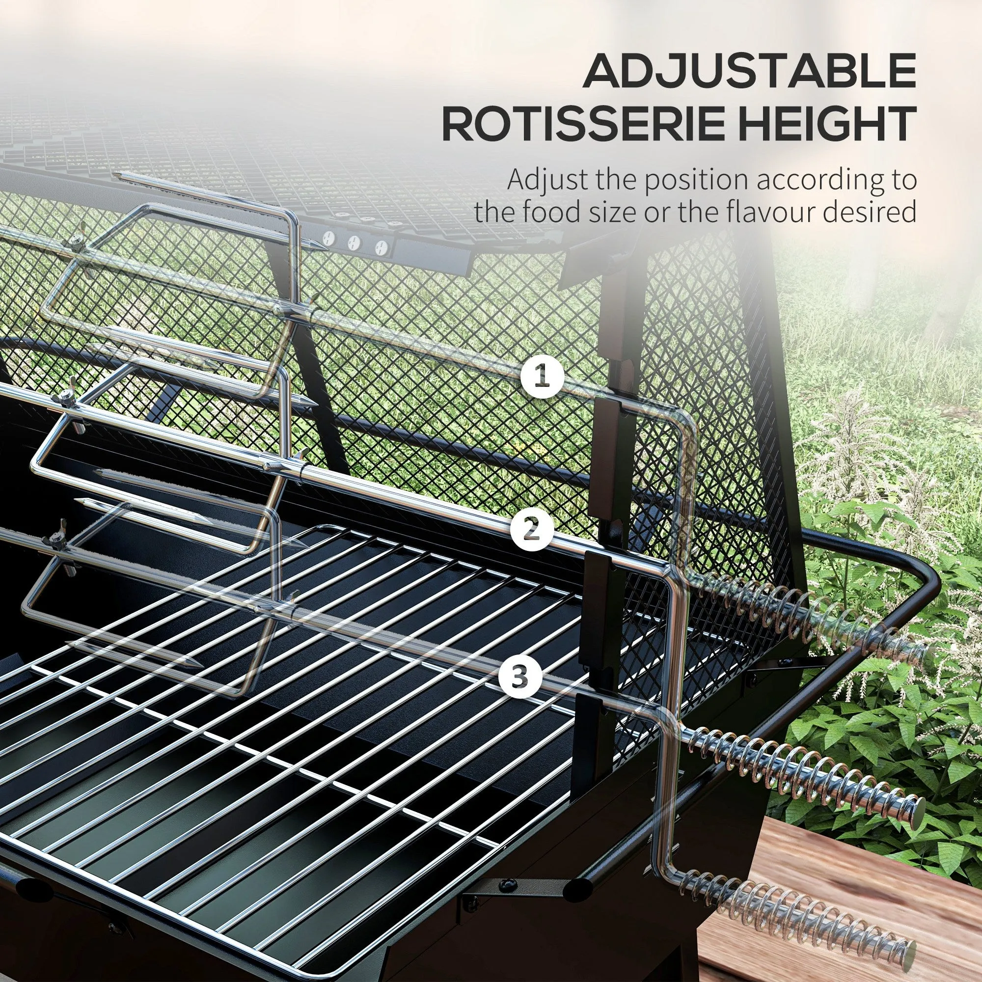 3-in-1 BBQ Rotisserie Grill Roaster Fire Pit with Storage Shelf, Mesh Lid and Poker, Charcoal Chicken Spit Roast Machine with Waterproof Cover for Outdoor Picnic Camping, Black