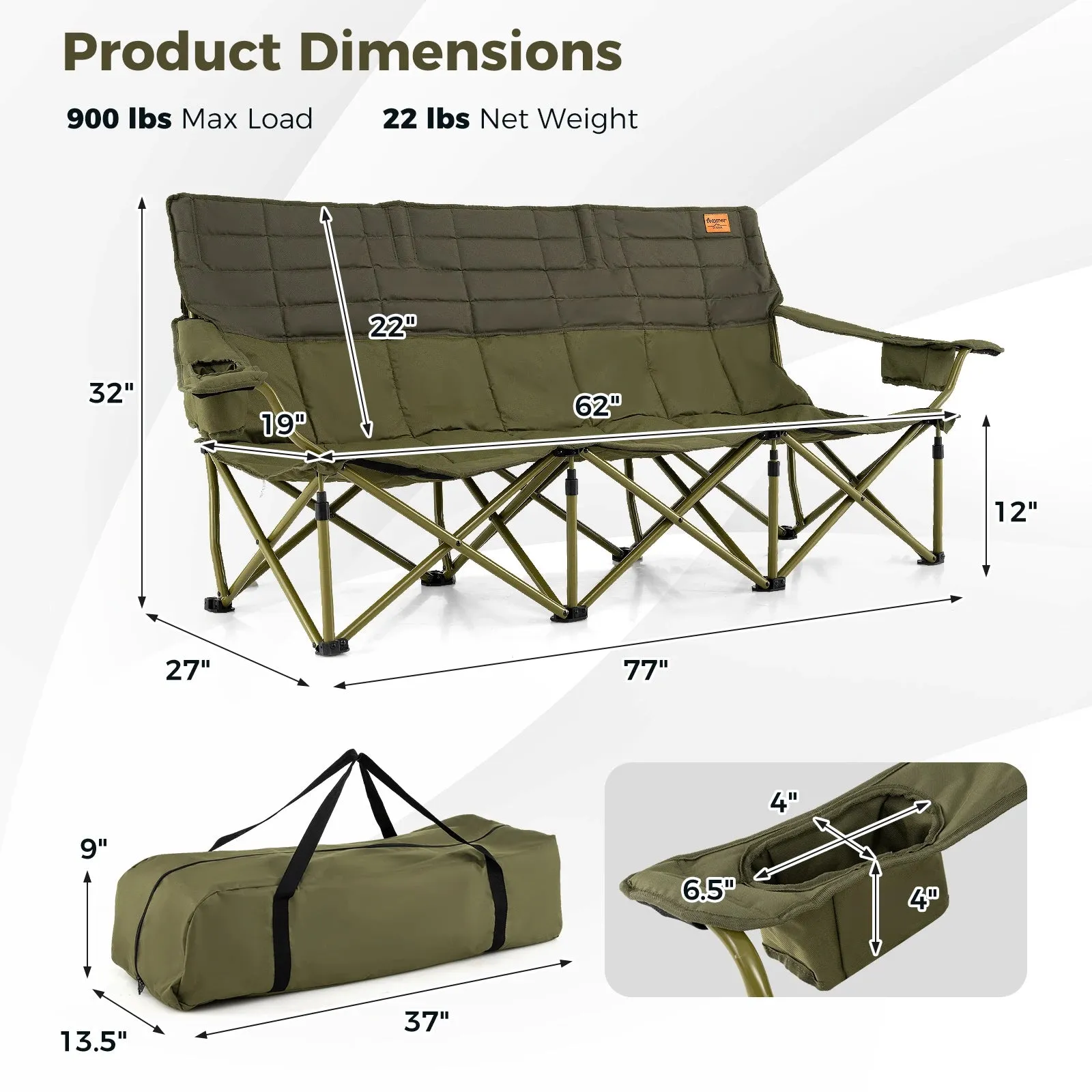 3 Person Folding Camping Chair Heavy-Duty Camp Couch