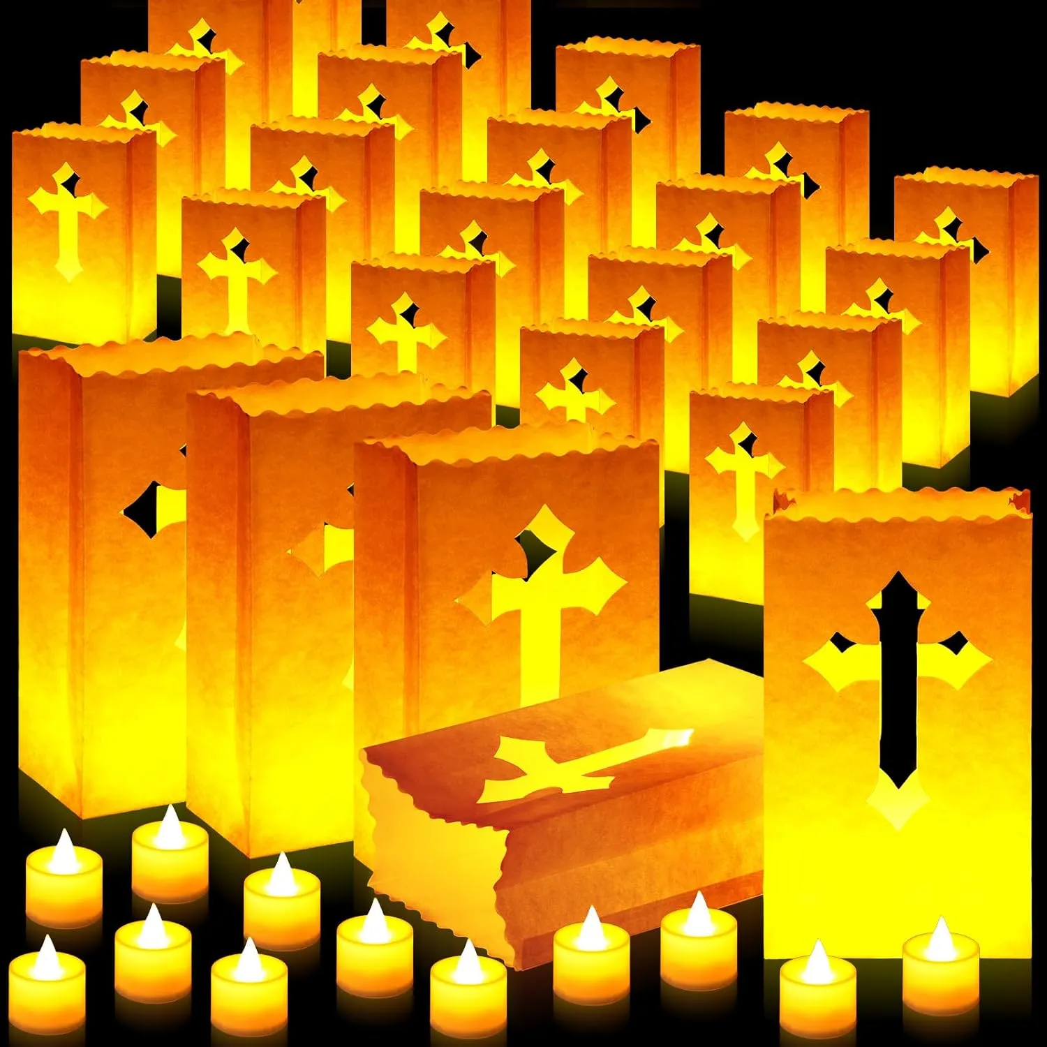 30 Set Luminary Bags Candle Bags Paper Lanterns with Flameless Candles, Flame Resistant Luminaries Light up Cross for Church Religious Fathers Day Decorations Birthday Baby Shower Baptism Communion