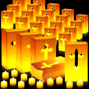 30 Set Luminary Bags Candle Bags Paper Lanterns with Flameless Candles, Flame Resistant Luminaries Light up Cross for Church Religious Fathers Day Decorations Birthday Baby Shower Baptism Communion
