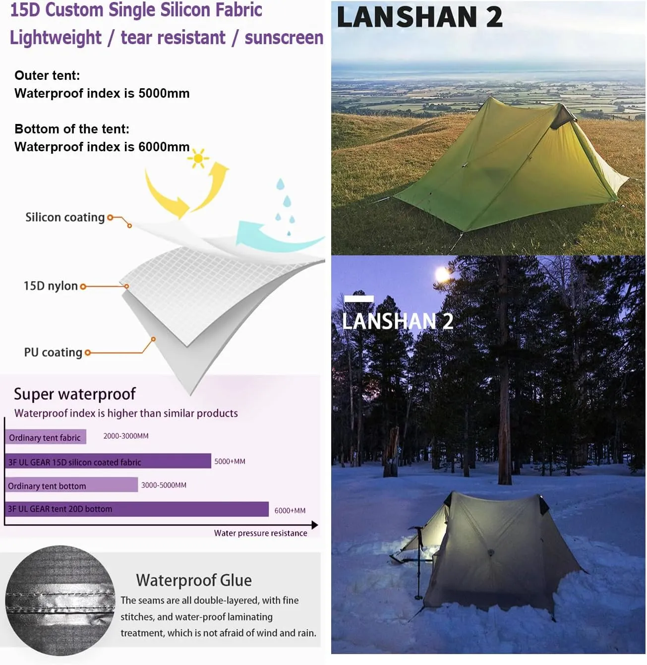 3F UL Gear Lanshan Ultralight 1-Person or 2-Person Backpacking Tent, 3-Season or 4-Season, Outdoor Lightweight Waterproof Professional Tent, Trekking, Kayaking, Climbing, Hiking