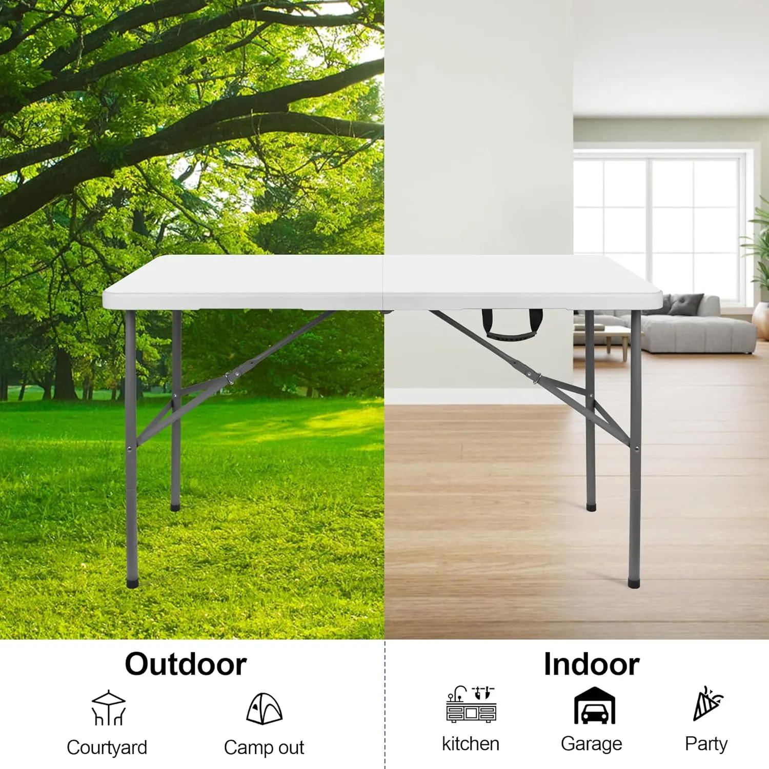 4 ft Portable Folding Table, Camping Foldable Table with Carrying Handle, Locks, Stright Legs for Indoor & Outdoor Party, Barbeque, Camping, Board Games - White