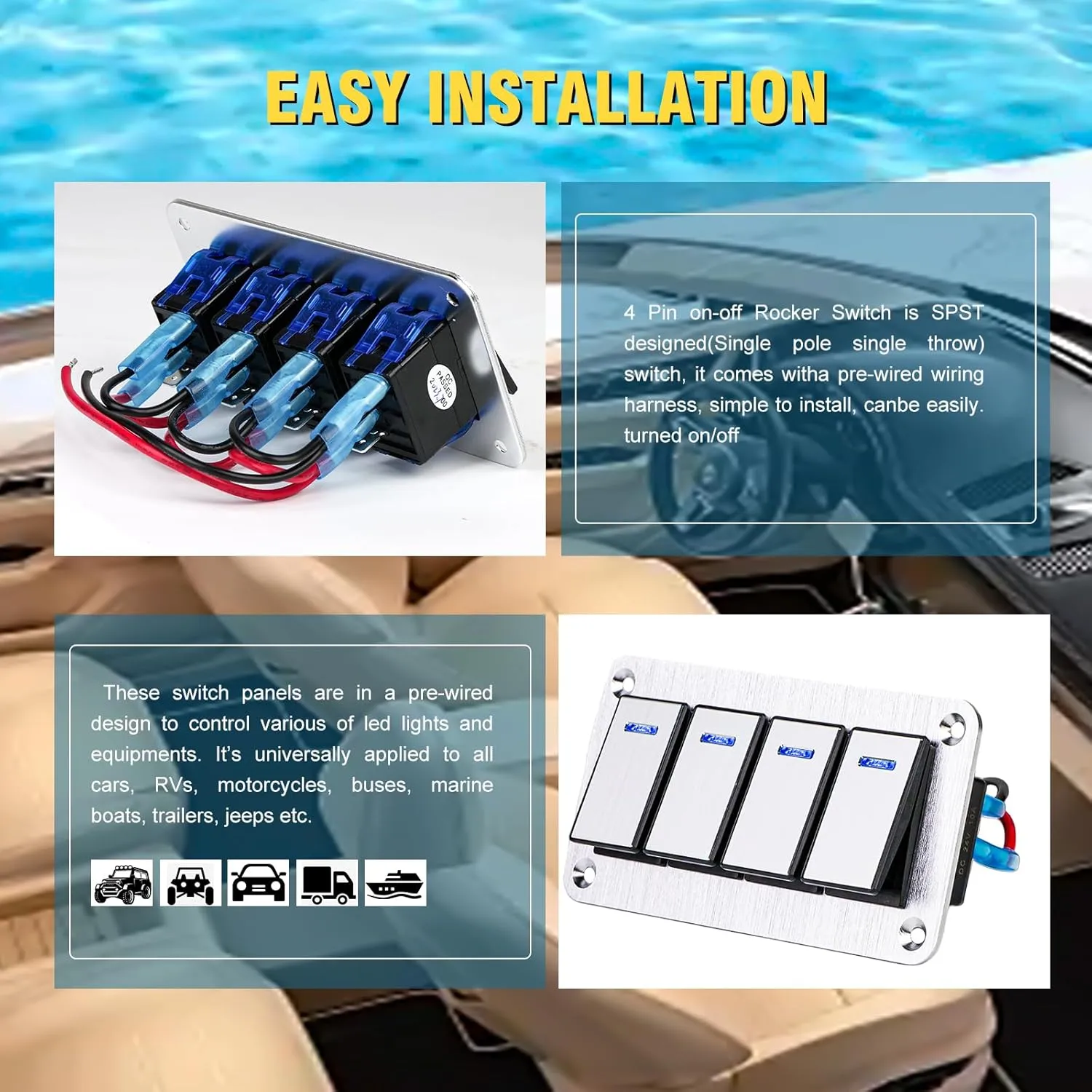 4 Gang Marine Boat Rocker Switch Panel Waterproof,12-24V Pre-Wired Aluminum Rocker Switch LED Indicator,Multi Function Marine Toggle Switche for RV Truck Boat SUV(Silver)