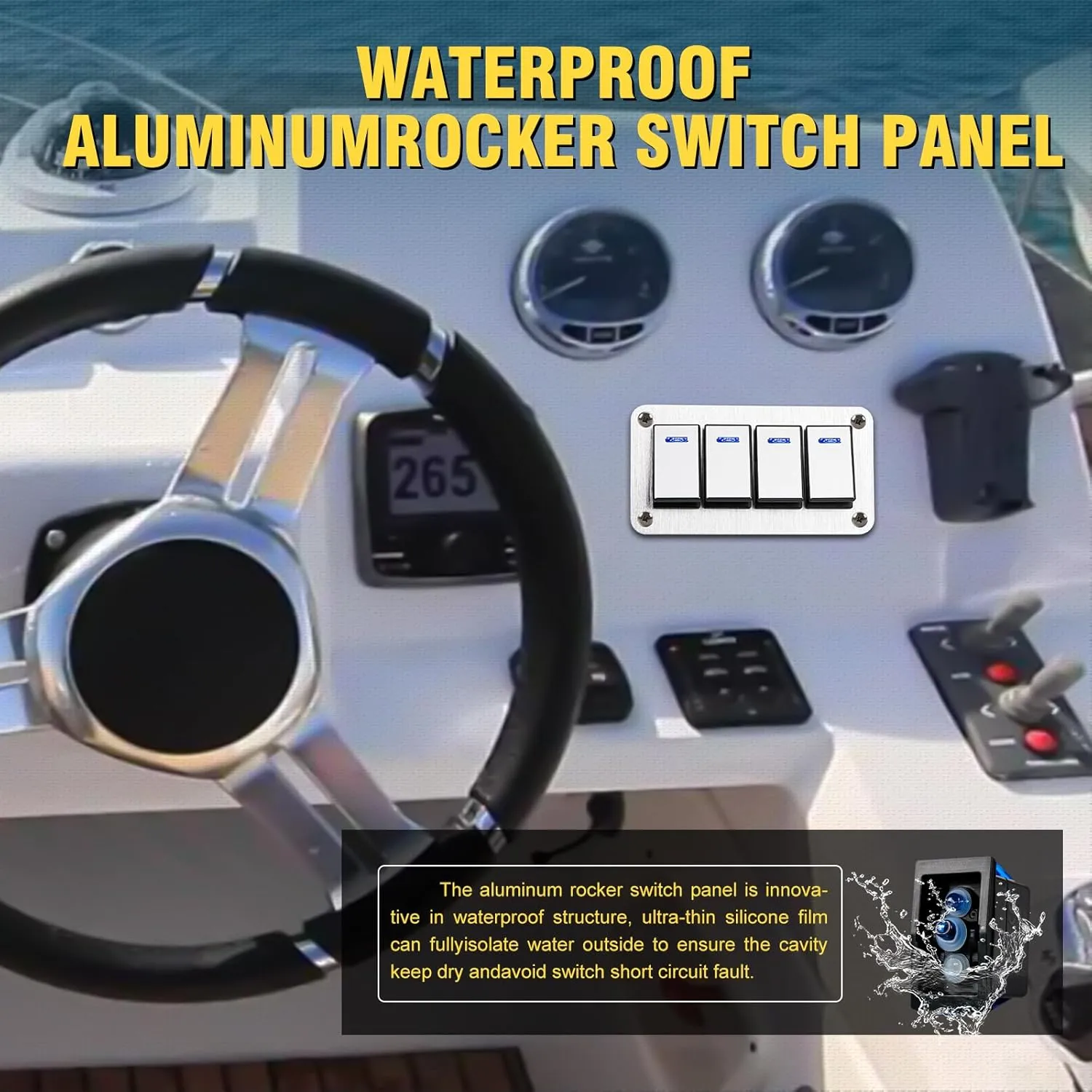 4 Gang Marine Boat Rocker Switch Panel Waterproof,12-24V Pre-Wired Aluminum Rocker Switch LED Indicator,Multi Function Marine Toggle Switche for RV Truck Boat SUV(Silver)