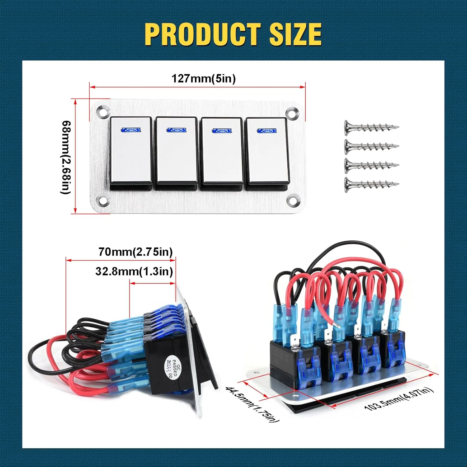 4 Gang Marine Boat Rocker Switch Panel Waterproof,12-24V Pre-Wired Aluminum Rocker Switch LED Indicator,Multi Function Marine Toggle Switche for RV Truck Boat SUV(Silver)