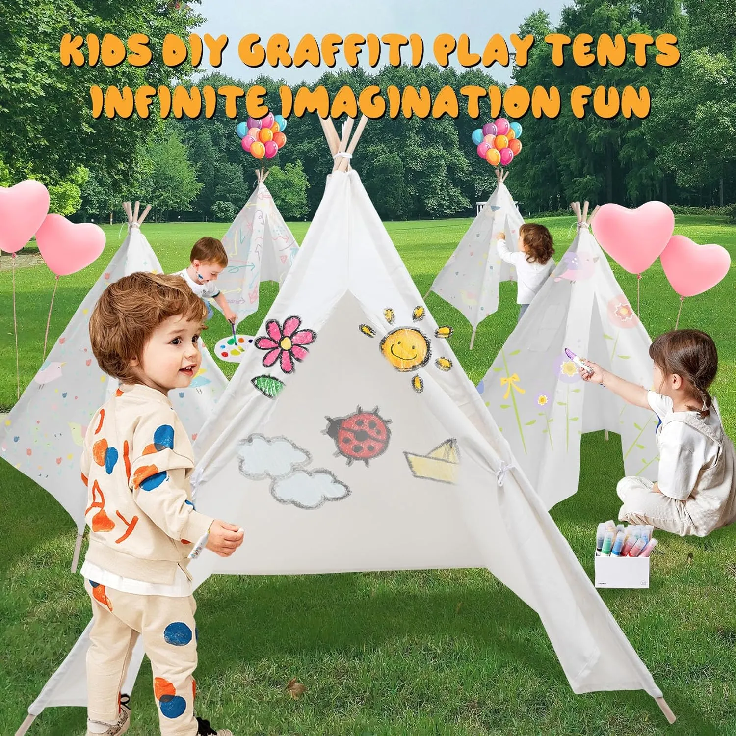 4 Pack Teepee Tent for Kids [Thickened] with Light String and Inflatable Airbed, Slumber Party Tents, Sleepover Tents Party for Girls Boys Indoor Outdoor (White)