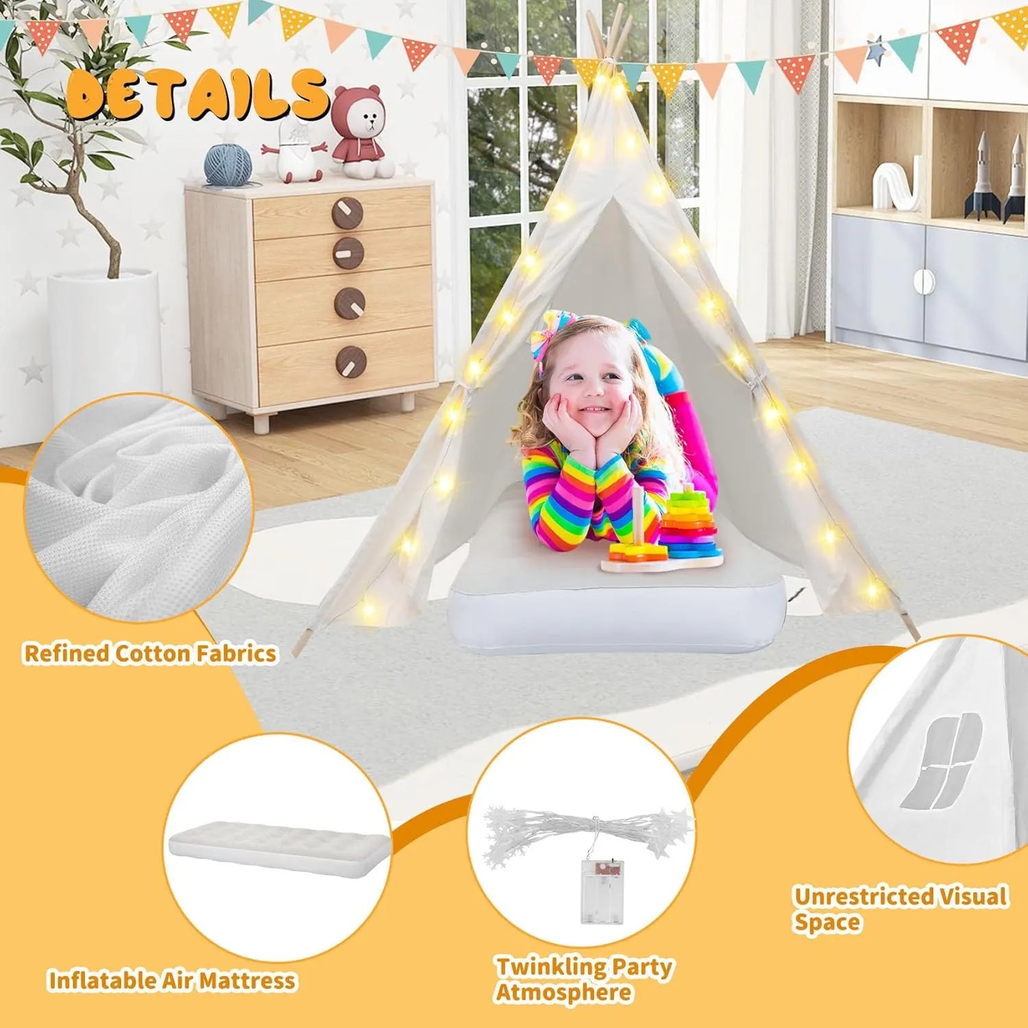 4 Pack Teepee Tent for Kids [Thickened] with Light String and Inflatable Airbed, Slumber Party Tents, Sleepover Tents Party for Girls Boys Indoor Outdoor (White)