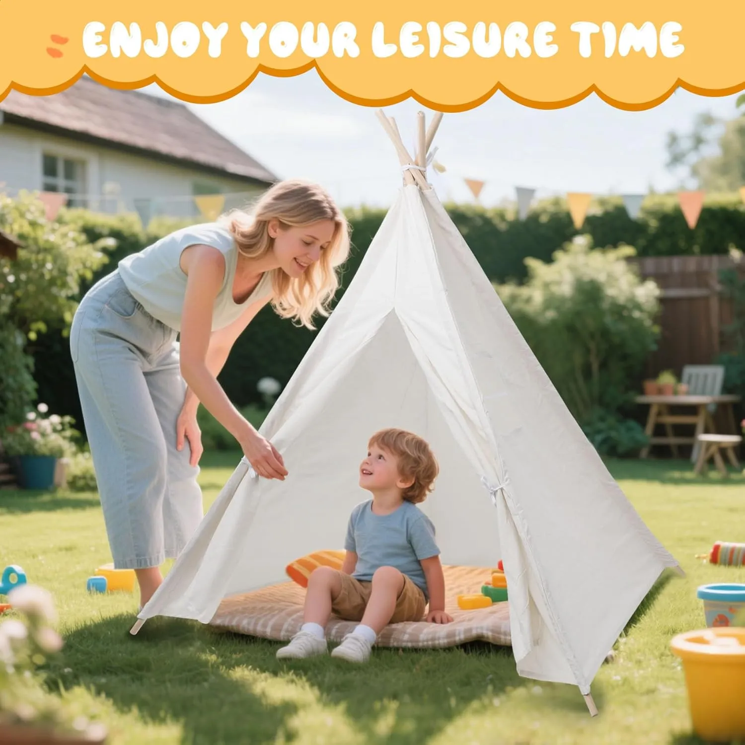 4 Pack Teepee Tent for Kids [Thickened] with Light String and Inflatable Airbed, Slumber Party Tents, Sleepover Tents Party for Girls Boys Indoor Outdoor (White)