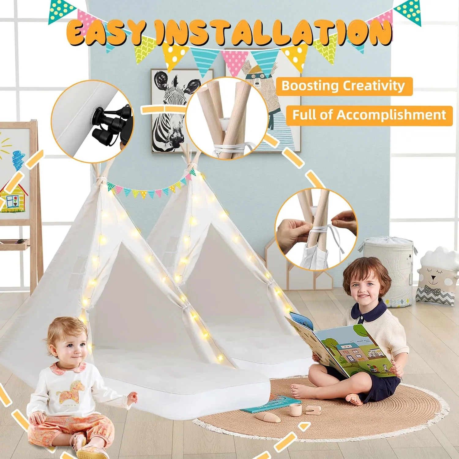 4 Pack Teepee Tent for Kids [Thickened] with Light String and Inflatable Airbed, Slumber Party Tents, Sleepover Tents Party for Girls Boys Indoor Outdoor (White)
