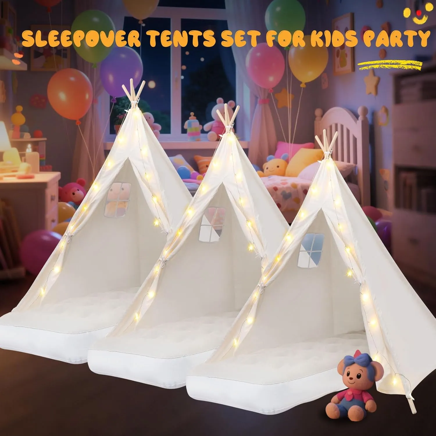 4 Pack Teepee Tent for Kids [Thickened] with Light String and Inflatable Airbed, Slumber Party Tents, Sleepover Tents Party for Girls Boys Indoor Outdoor (White)