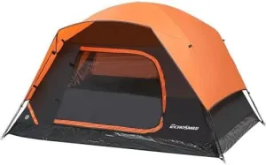 4-Person Camping Tent, Double Layer Dome, Waterproof, Orange and Black