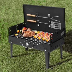 44x27x7cm Portable Square Charcoal Grill with Adjustable Height, Folding Design & Lid - Compact and Durable for Outdoor Camping, Hiking and Beach BBQs