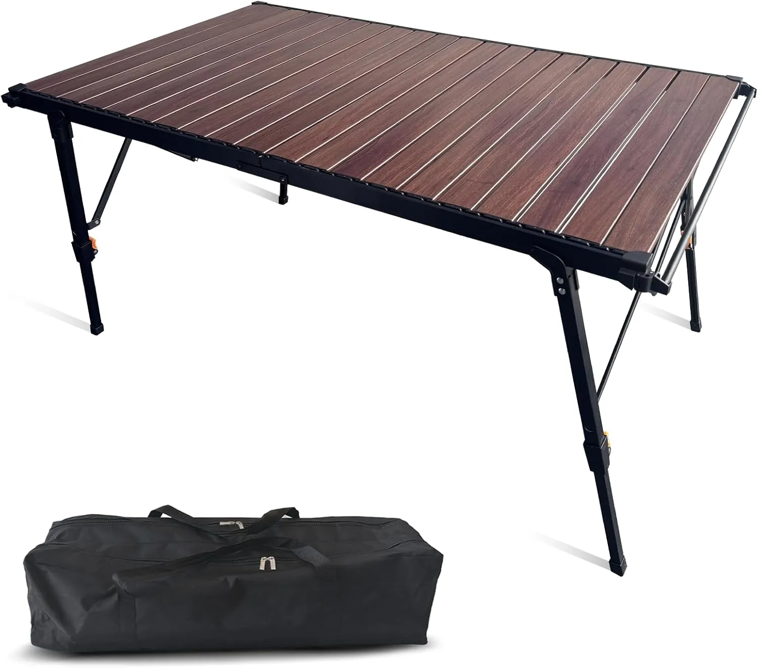 4FT Folding Camping Table, Adjustable Height Aluminum Roll Up Table with Carry Bag, Loads 110LBS, 2-6 Person Lightweight Portable Picnic Table for Outdoor, Grilling, Barbecue,Travel. Walnut
