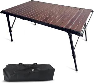 4FT Folding Camping Table, Adjustable Height Aluminum Roll Up Table with Carry Bag, Loads 110LBS, 2-6 Person Lightweight Portable Picnic Table for Outdoor, Grilling, Barbecue,Travel. Walnut