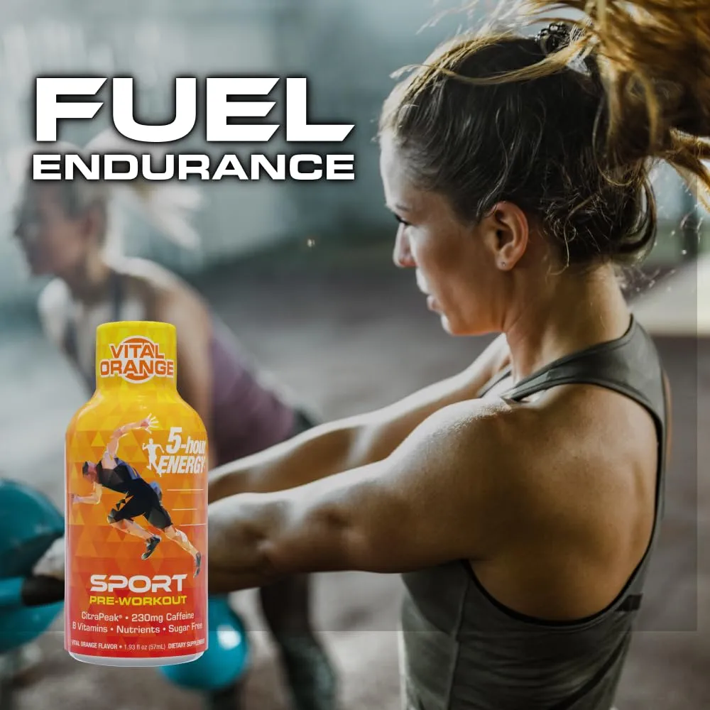 5-Hour Energy Extra Strength Sport Shots with Citrapeak, Vital Orange Flavor, Pre-Workout, 24 Count (1.93 fl oz)