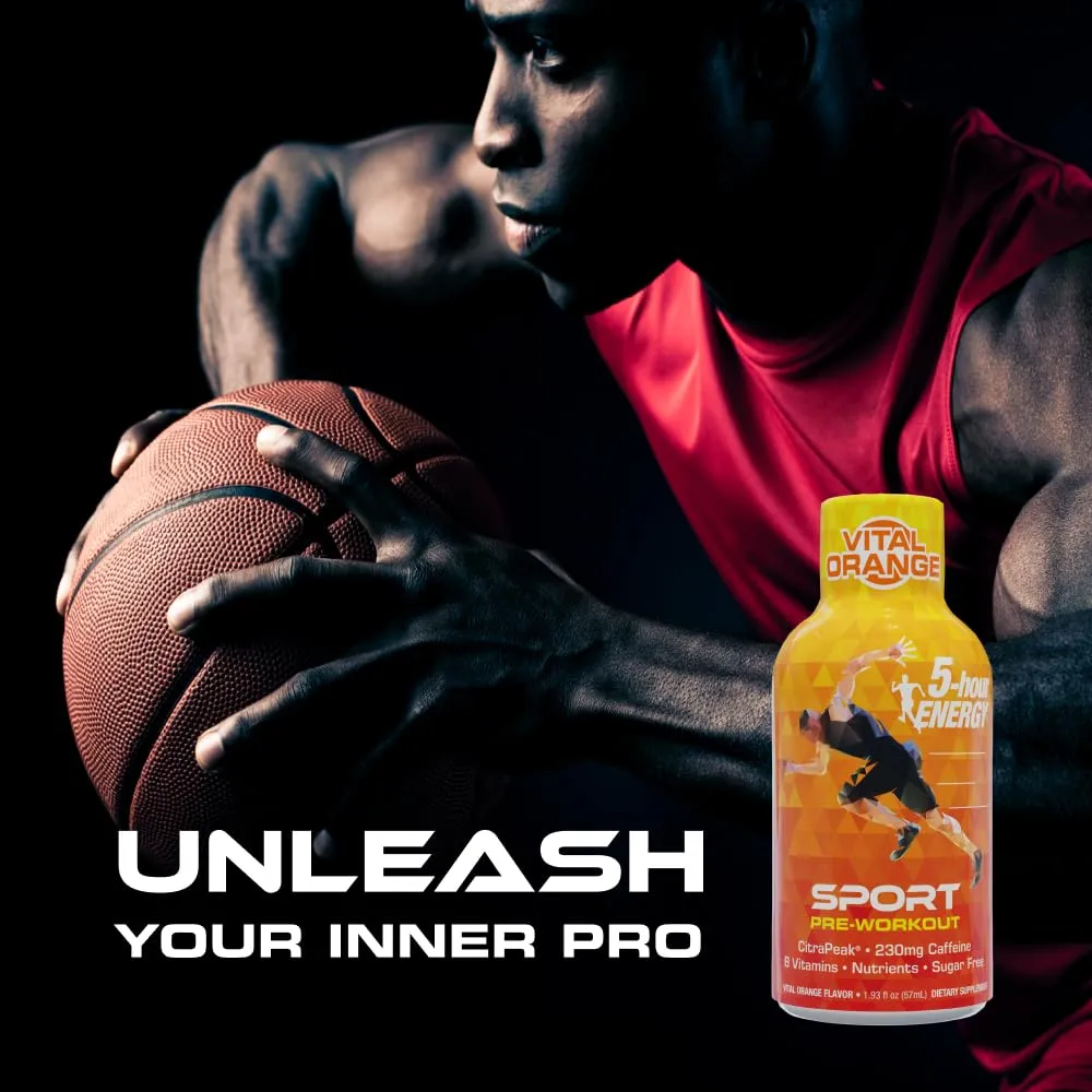 5-Hour Energy Extra Strength Sport Shots with Citrapeak, Vital Orange Flavor, Pre-Workout, 24 Count (1.93 fl oz)