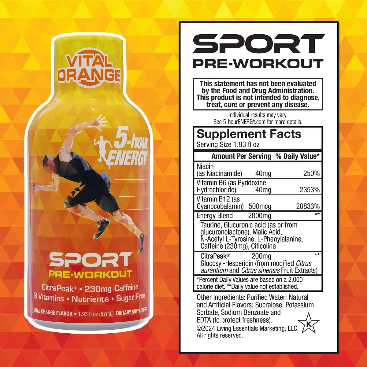 5-Hour Energy Extra Strength Sport Shots with Citrapeak, Vital Orange Flavor, Pre-Workout, 24 Count (1.93 fl oz)